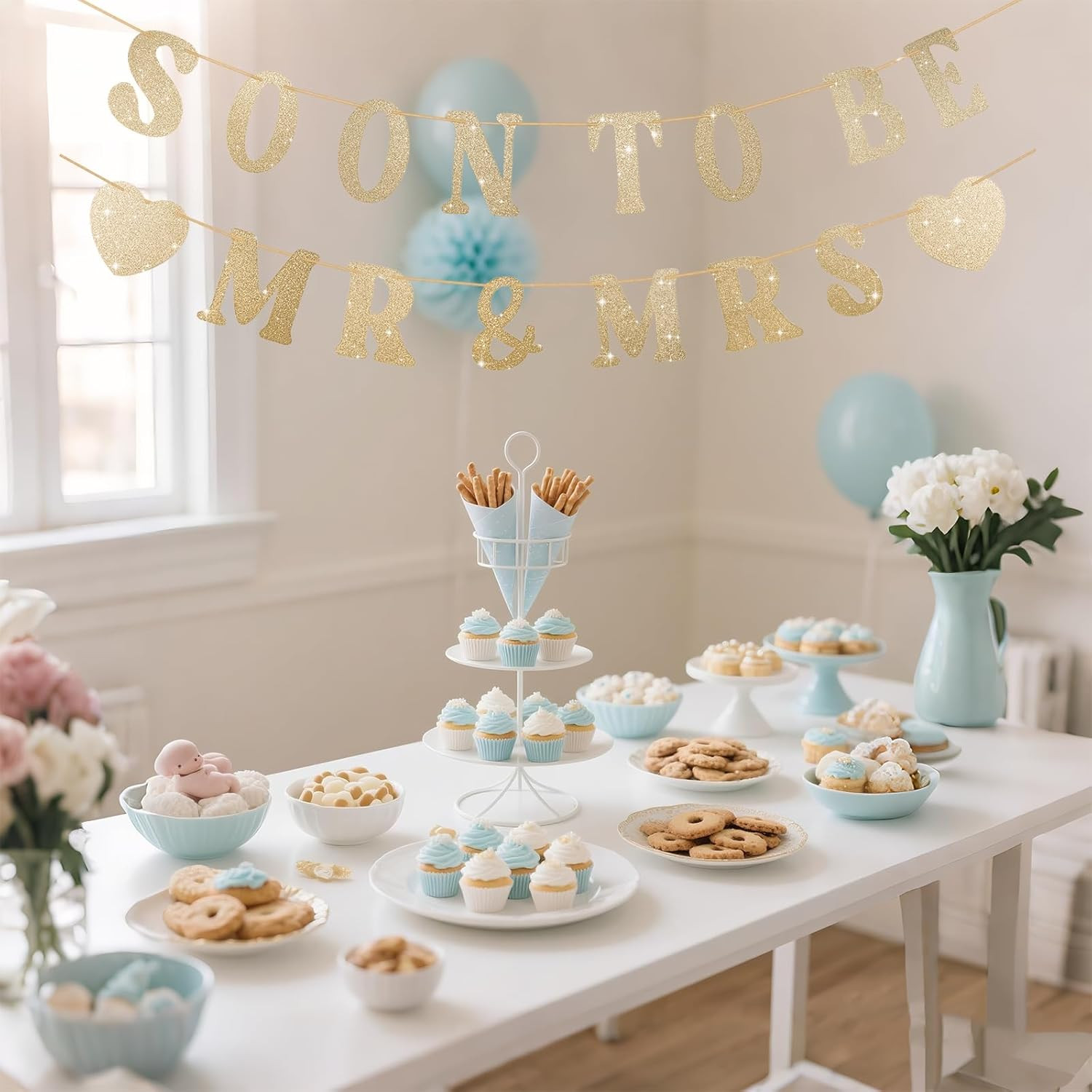 Soon to Be Mr & Mrs Sign Banner for Bridal Shower Decorations, Pre-Strung Gold G