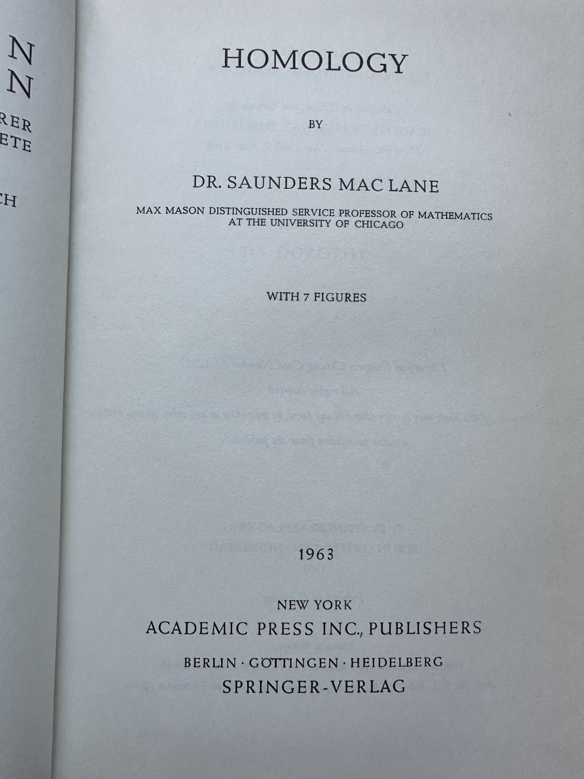 Saunders MAC LANE / Homology 1963 FIRST EDITION Hardcover