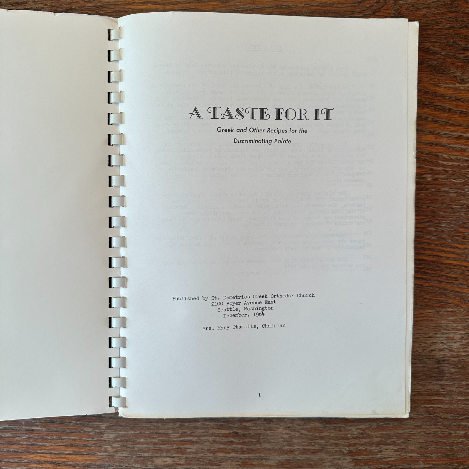 A Taste For it St Demetrios Greek Orthodox Church Seattle 1964 Spiral-Bound PB
