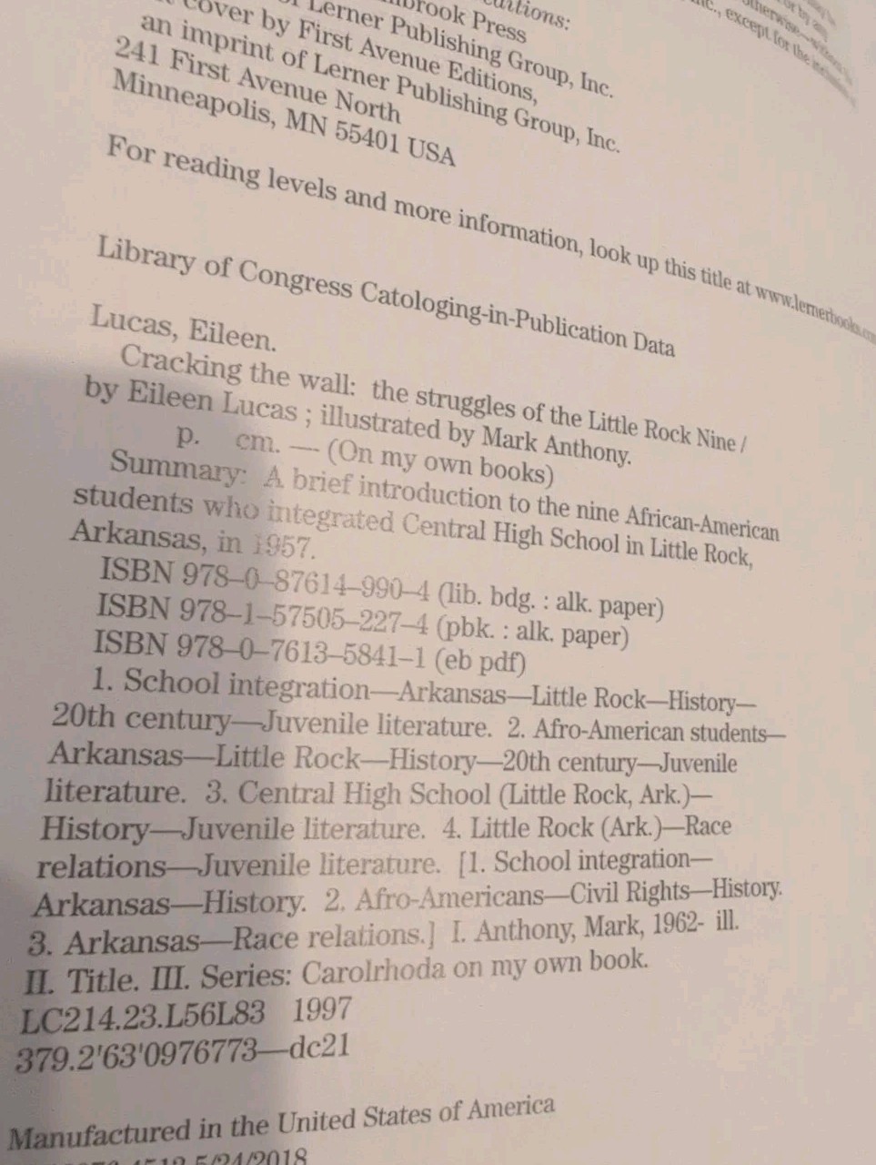 Cracking the Wall: The Struggles of the Little Rock Nine Black History CD &Book