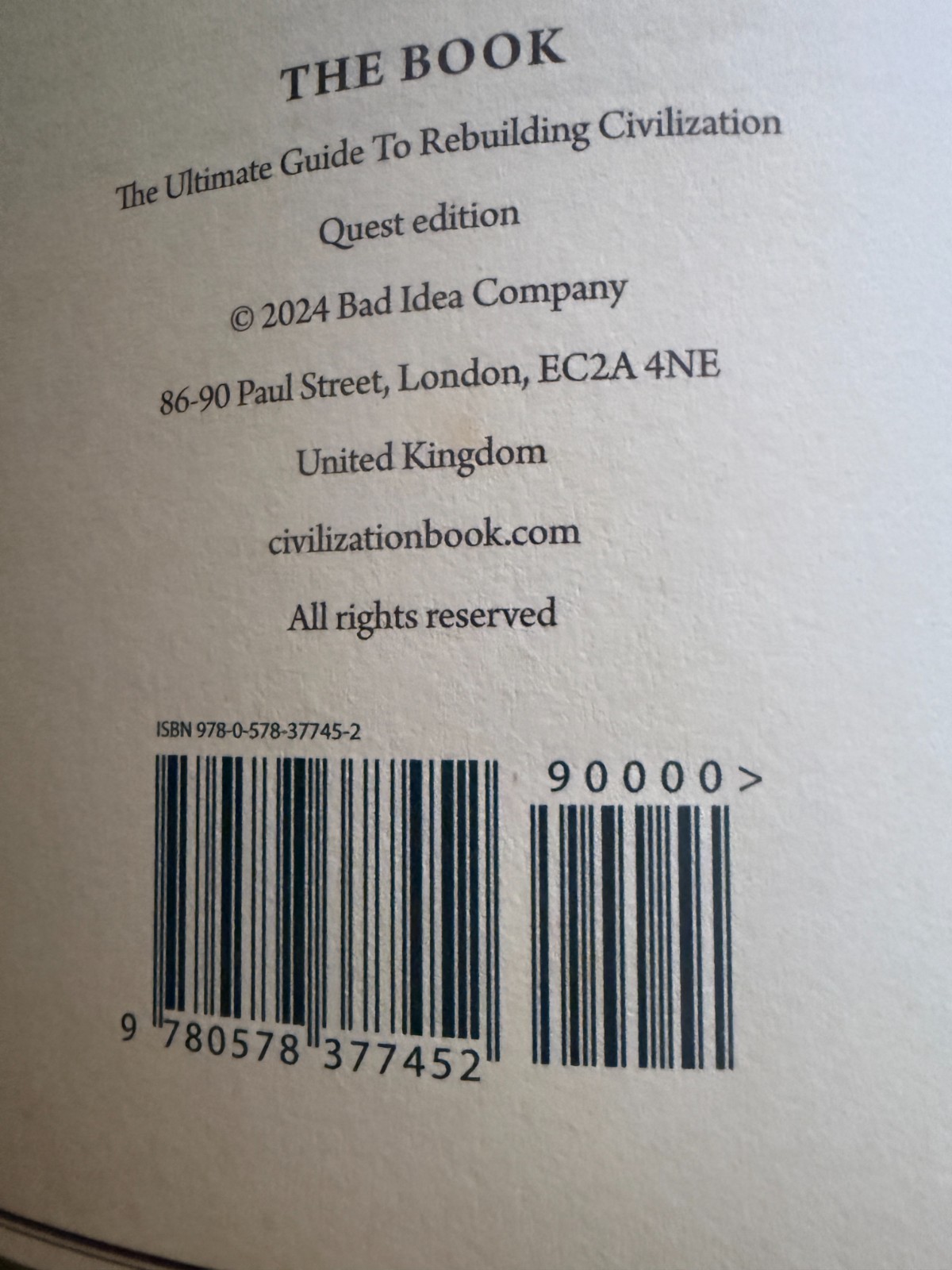 The Book. The Ultimate Guide to Rebuilding a Civilization. Hardcover. Brand New.