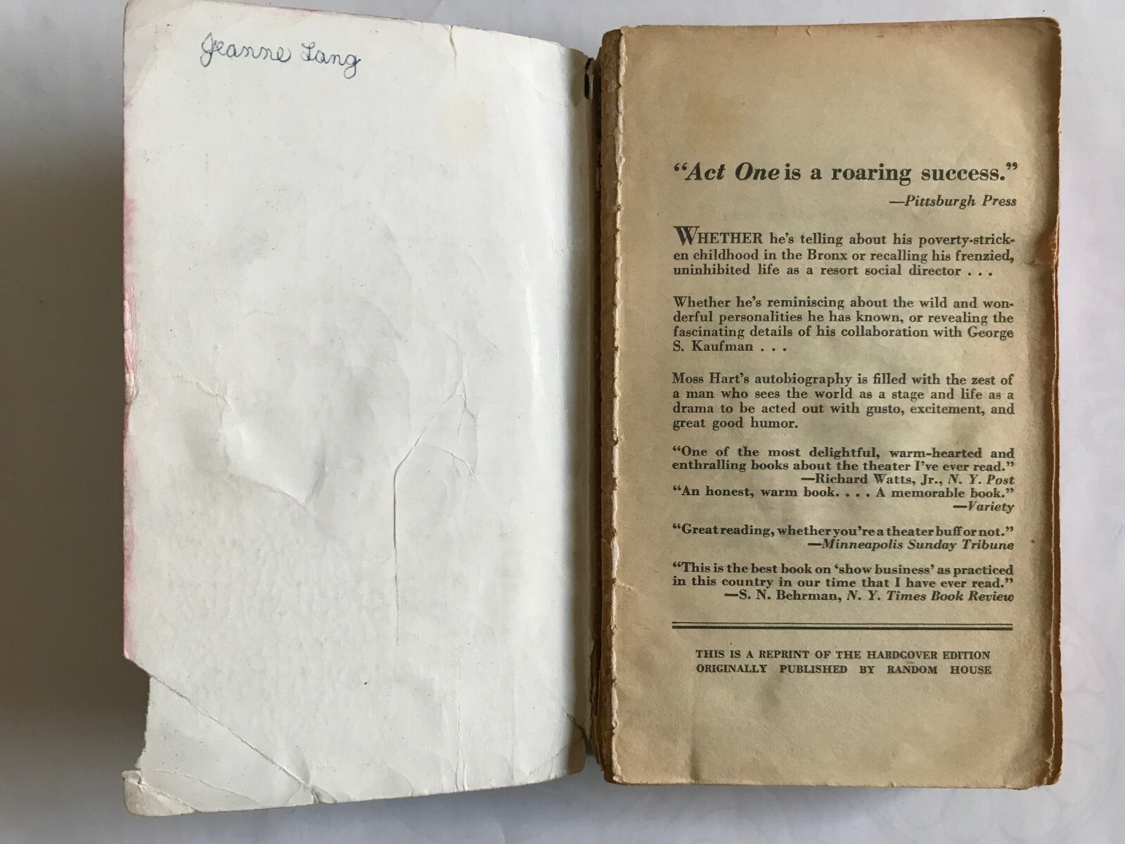 Act One; an Autobiography of Moss Hart, paperback 383 pages published by Signet