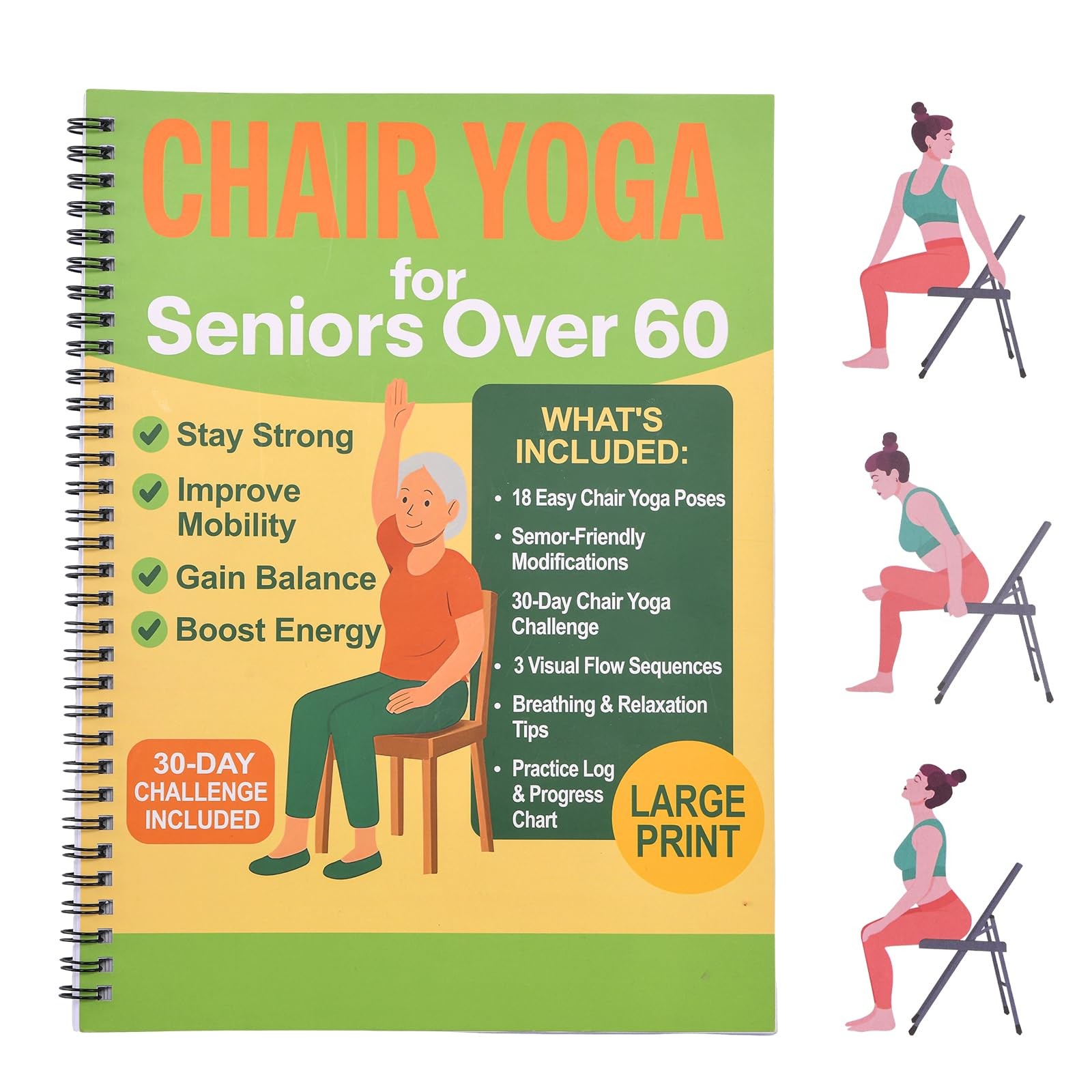 Chair Yoga for Seniors Over 60 Book & Chart, Gentle Seated Chair Yoga Guide, …