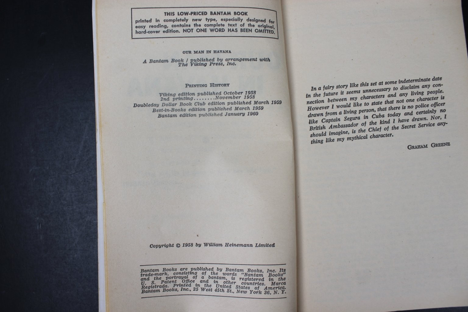 Our Man in Havana Graham Greene 1960 Bantam Edition Spy Thriller Fiction PB