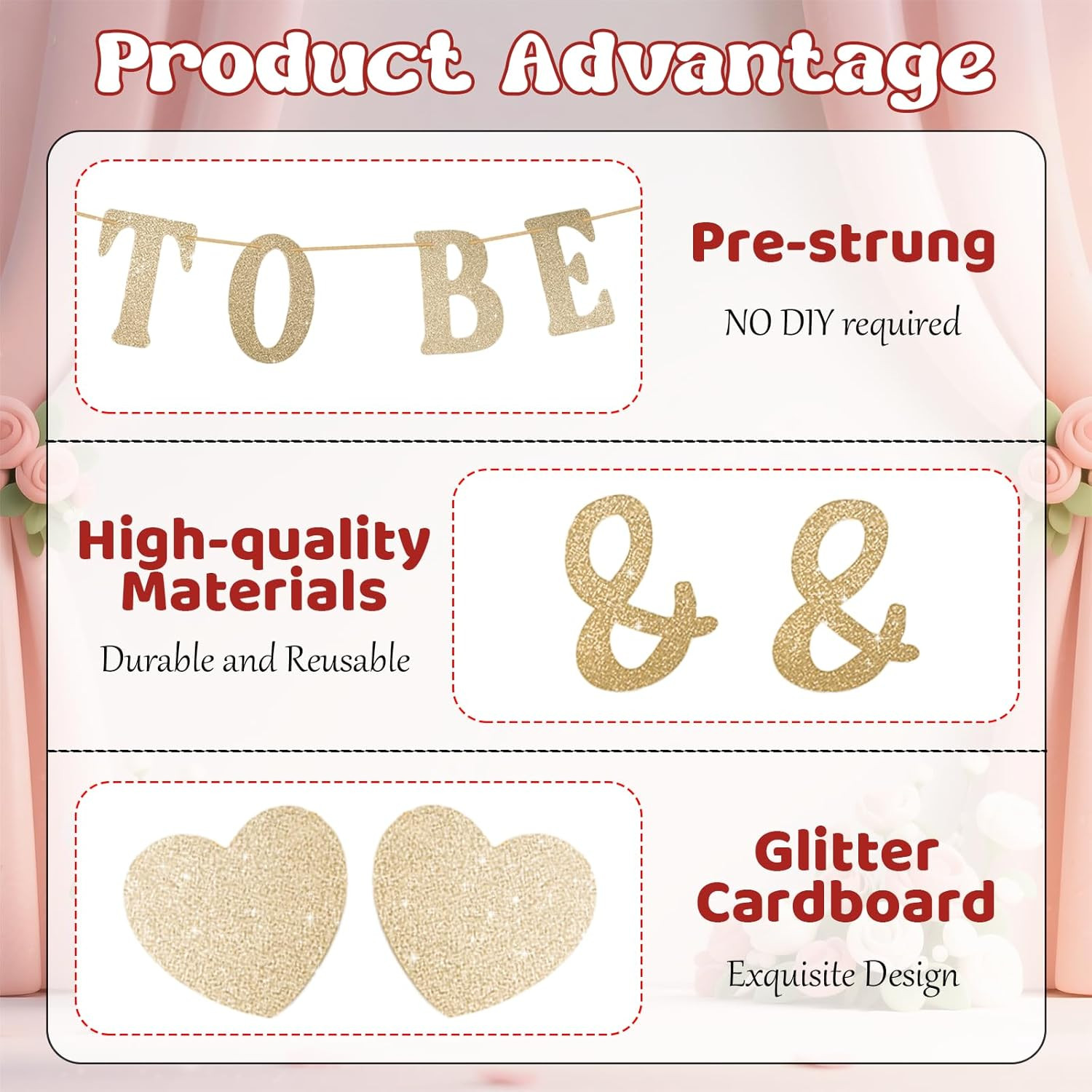 Soon to Be Mr & Mrs Sign Banner for Bridal Shower Decorations, Pre-Strung Gold G