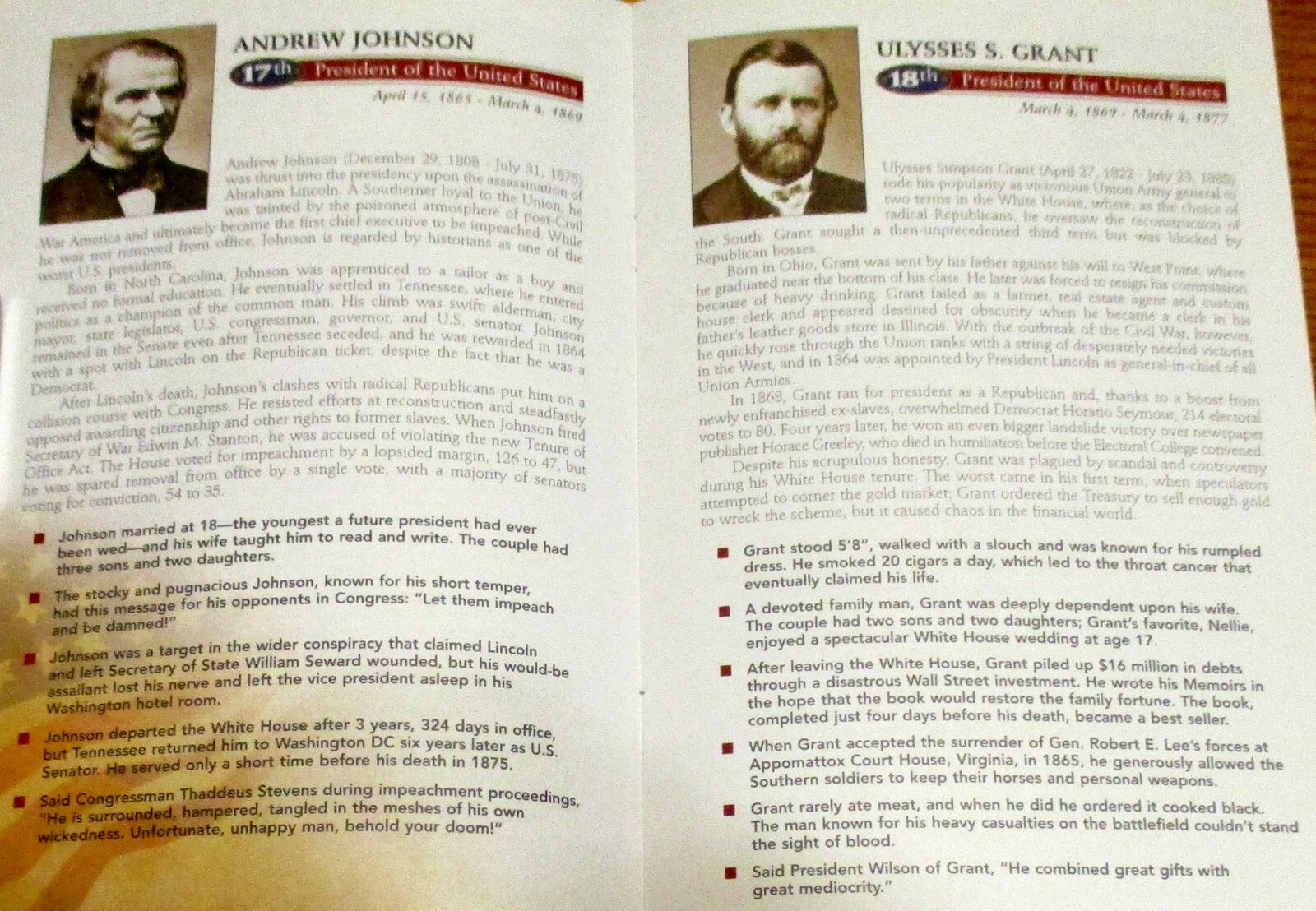 American Presidents Book of Facts 47 Pages No Date