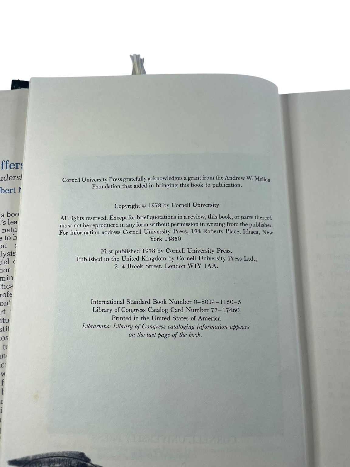 Jefferson and the Presidency Johnstone 1978 First Edition US History Cornell