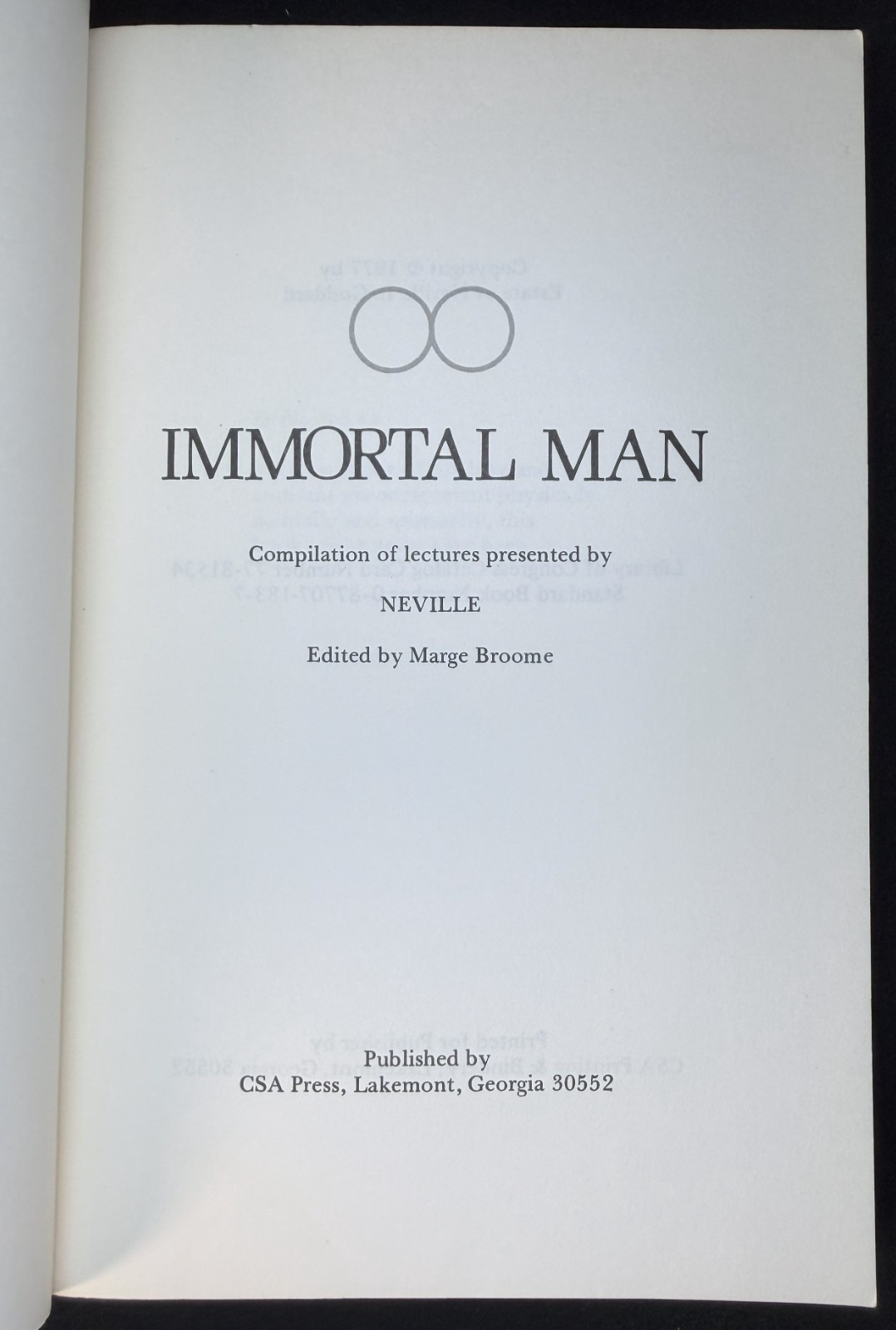 IMMORTAL MAN: COMPILATION OF LECTURES BY NEVILLE 1977 PB 1st Ed Broome Unity