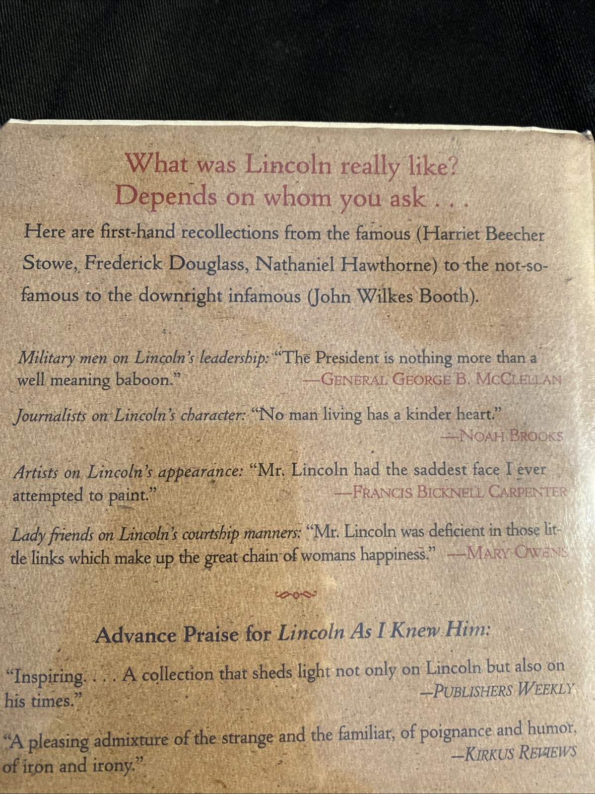 Lincoln as I Knew Him: Gossip, Tributes, and Revelations Hardcover FIRST EDITION