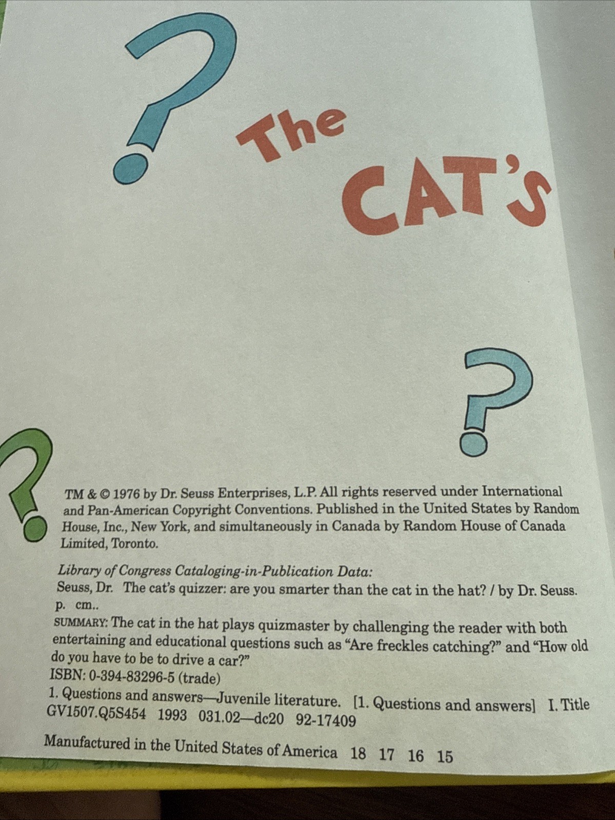 Dr Seuss The Cats Quizzer Smarter Than the Cat in the Hat BANNED BOOK 1976*