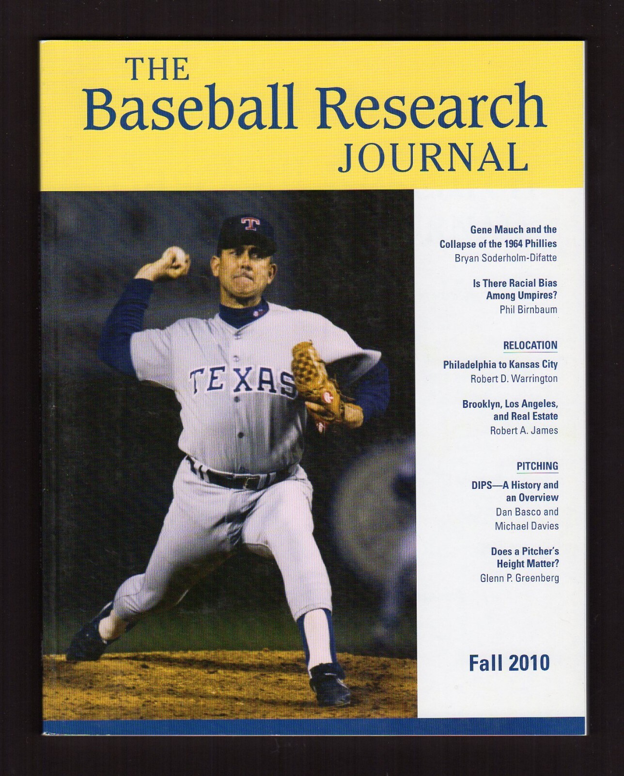 2010 SABR Baseball Research Journal #39-2 (132 pages) RANGERS‘ NOLAN RYAN cover