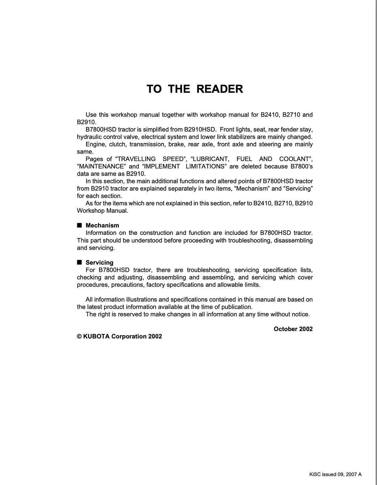 KUBOTA B2410 B2710 B2910 B7800 HSD TRACTOR WORKSHOP MANUAL – STEEL COIL BOUND