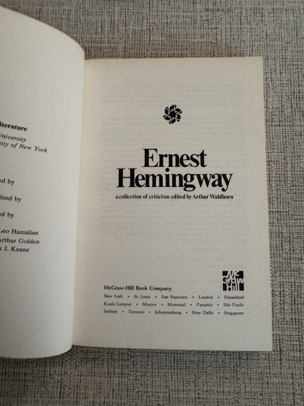 Ernest Hemingway Criticism Waldhorn McGraw Hill PB Vintage Lit Study
