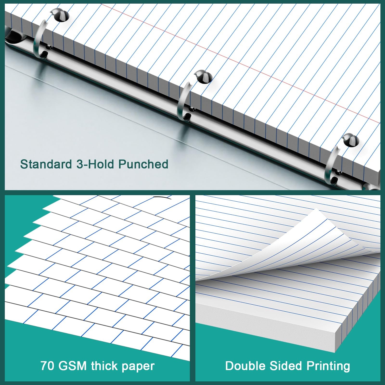 College Ruled Filler Paper 8×10.5 3 Hole Punched 200 Sheets Writing Notebook Pad