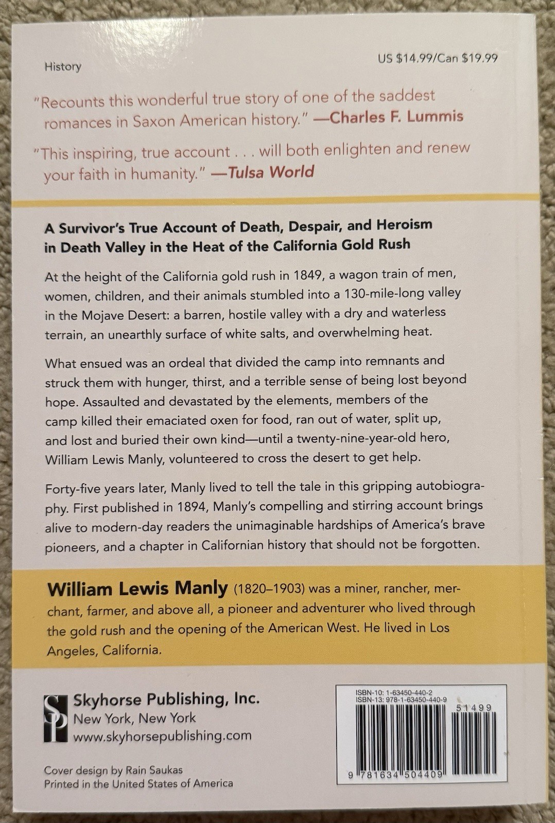 DEATH VALLEY IN ’49: AN AUTOBIOGRAPHY BY WILLIAM LEWIS MANLY 2016 SKYHORSE TPB