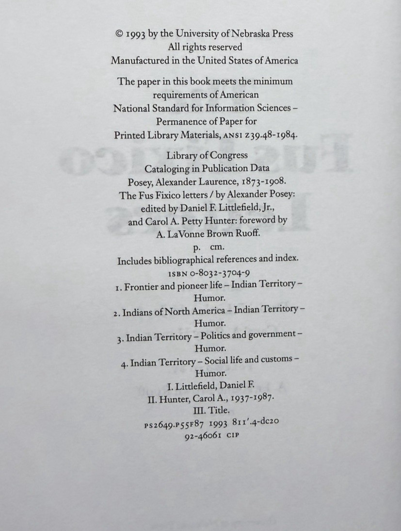 The Fus Fixico Letters 1993 Native American Satire Vintage Hardcover Very Good