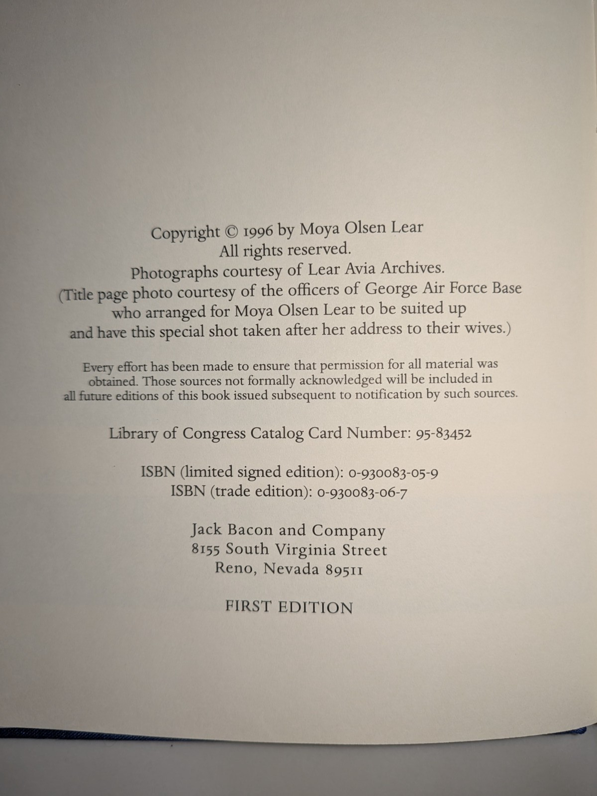 Bill & Moya Lear: An Unforgettable Flight | SIGNED Ltd Ed #/400 | 1996 | HC