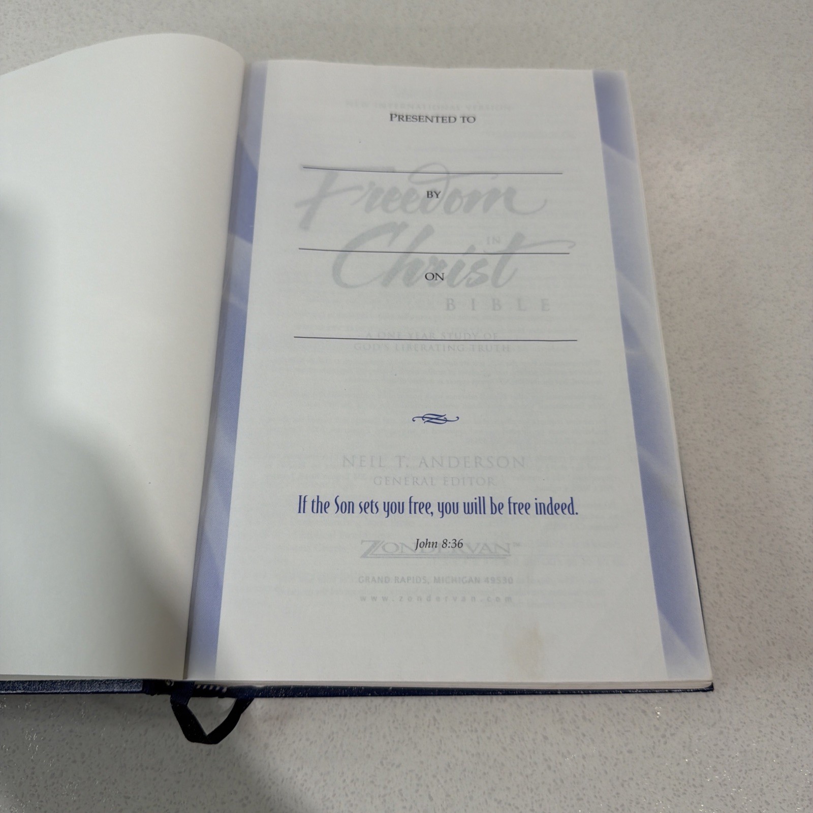 Freedom in Christ Bible by Zondervan Staff Blue 2001 Paint Splatter On Book