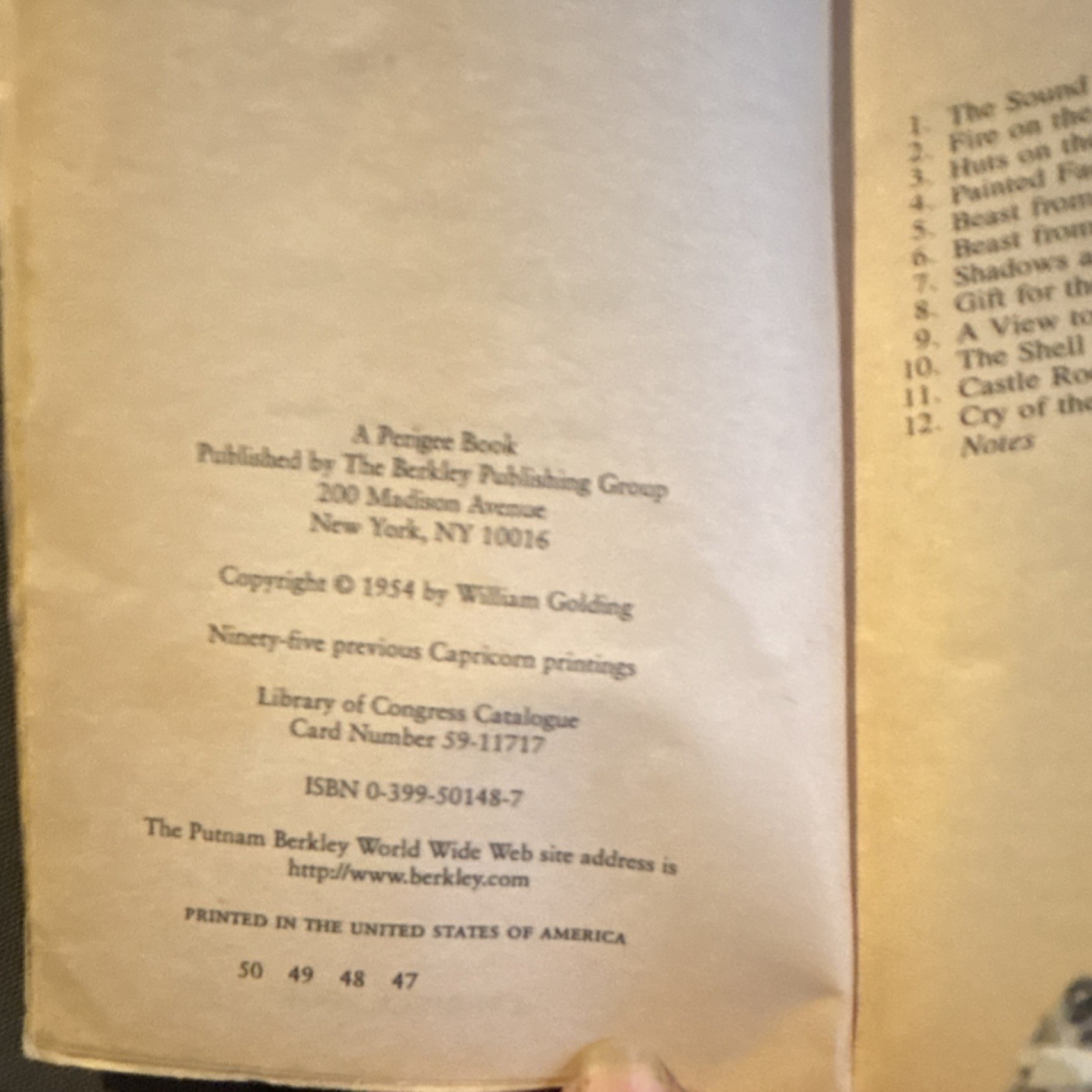 William Golding Lord of the Flies Paperback Perigee Book Berkley 1954 Note