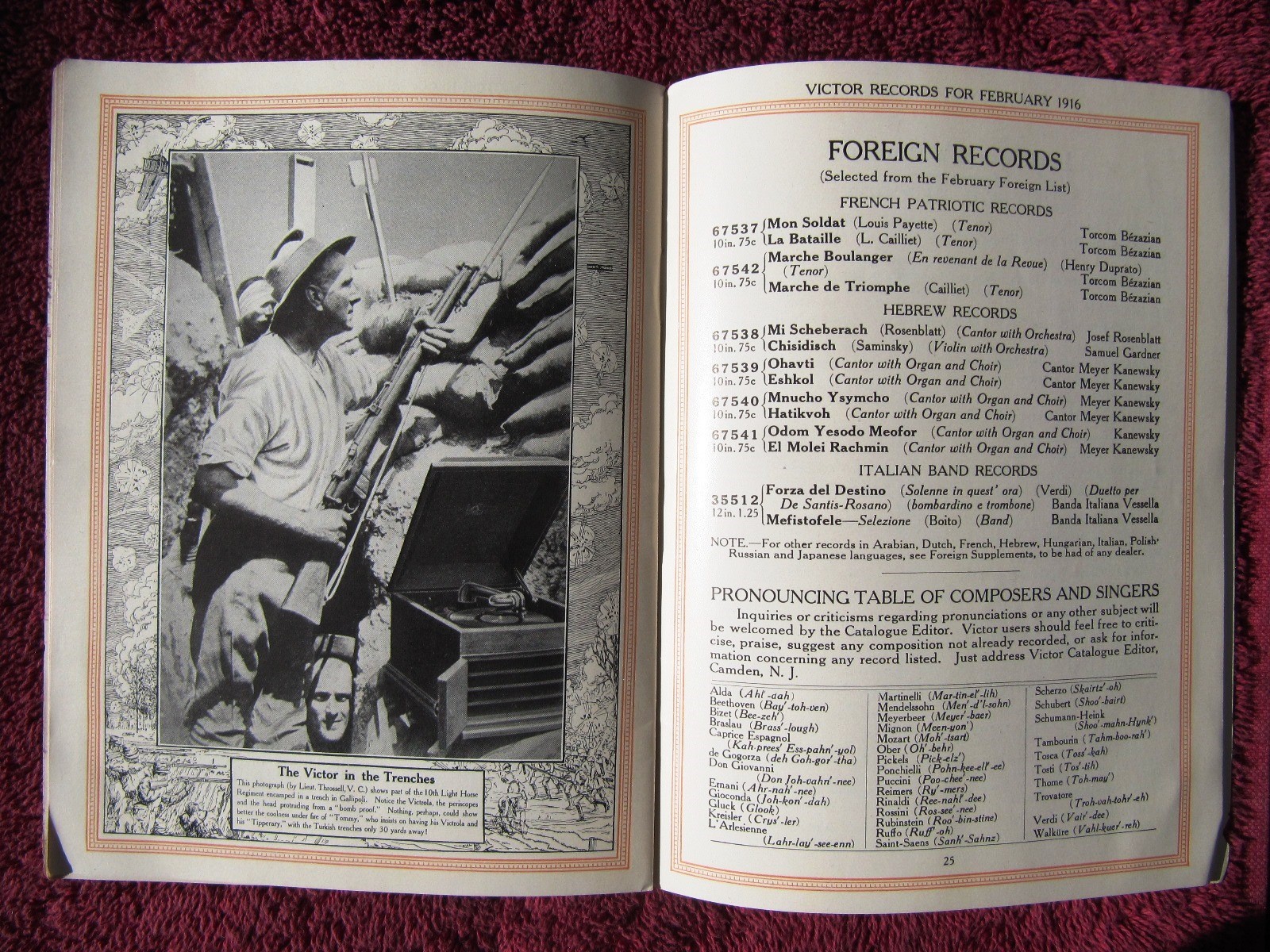 W War I VICTOR IN THE TRENCHES New RECORDS Feb 1916 Supplement Victrola CATALOG