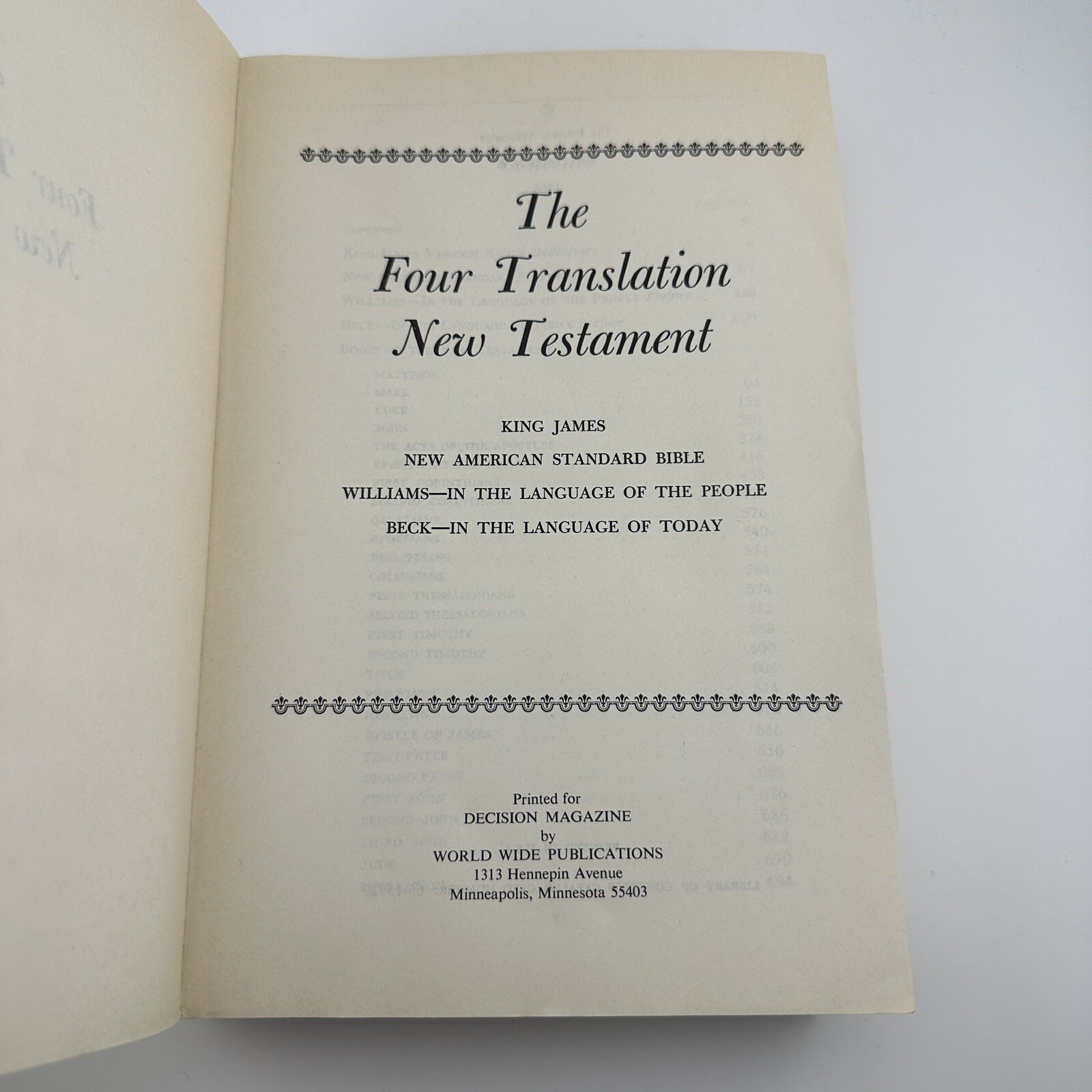 THE FOUR TRANSLATION NEW TESTAMENT PARALLEL EDITION 1966 KING JAMES Beck William