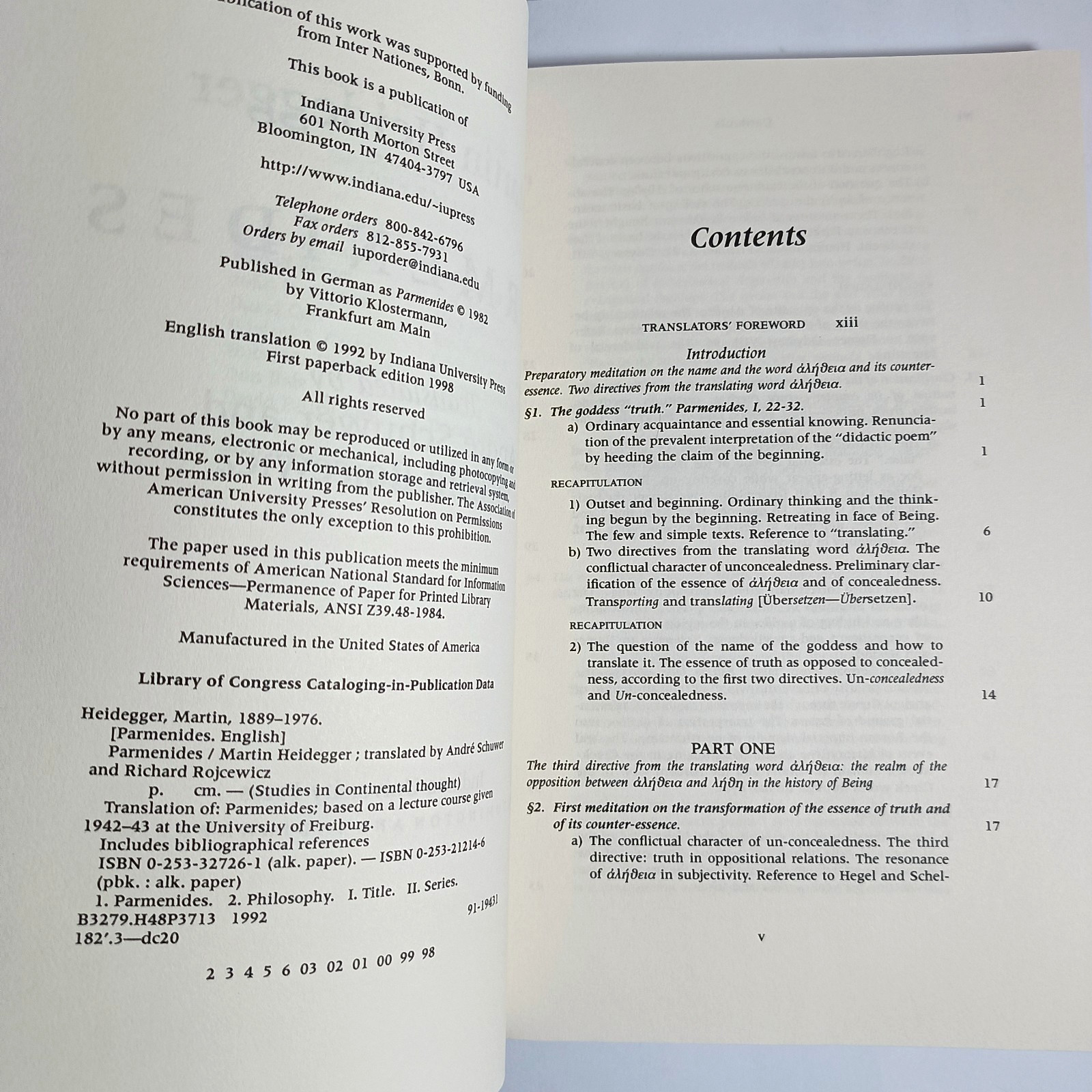 Parmenides Martin Heidegger 1992 translation Indiana Press 1998 edition