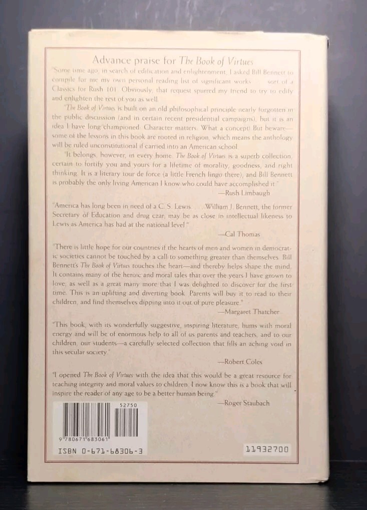 The Book of Virtues by William J. Bennett 1st Edition 10th Printing Hardcover