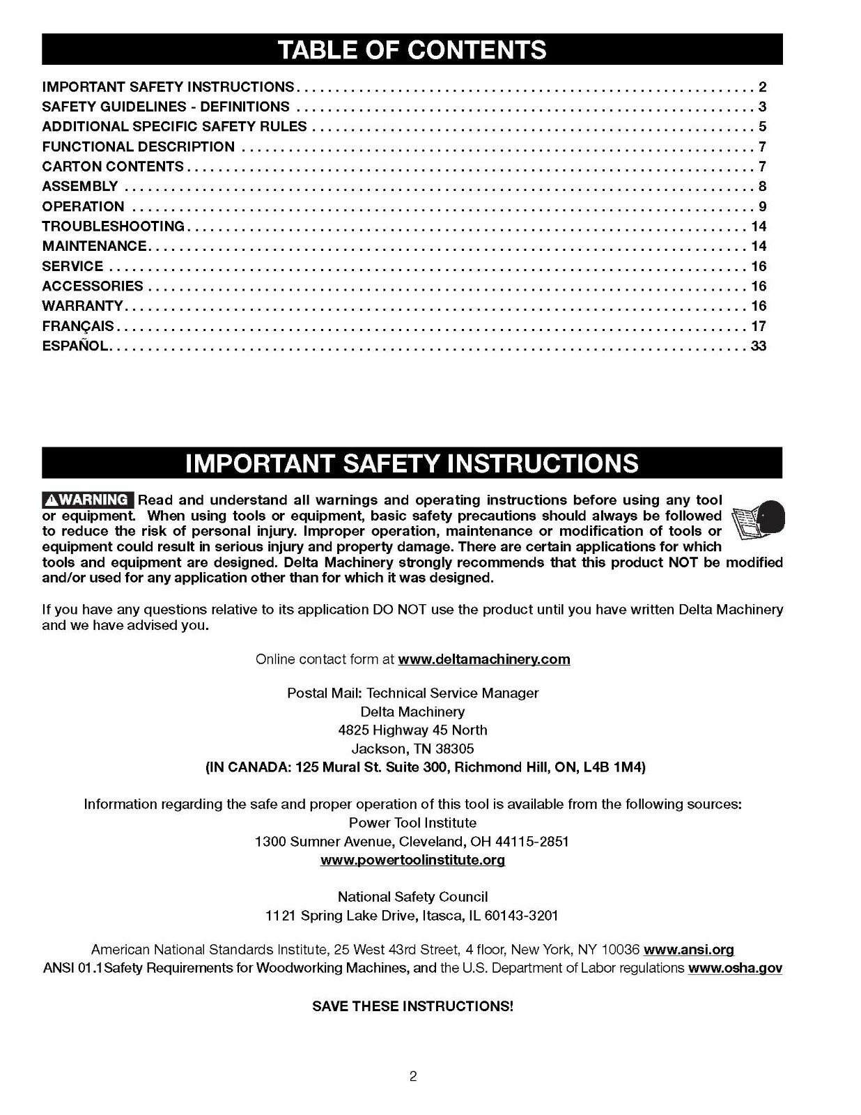 Delta TP305 Instruction Manual User Guide For 12″ Portable Planer Coil Bound