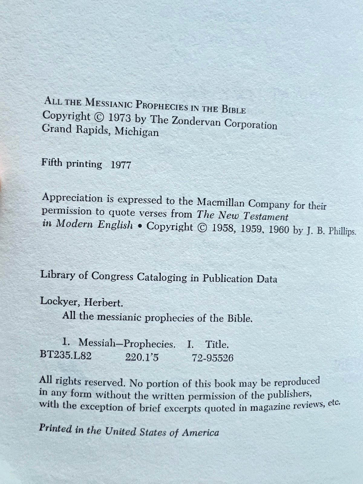 All The Messianic Prophecies Of The Bible Herbert Lockyer Zondervan 1977 HC