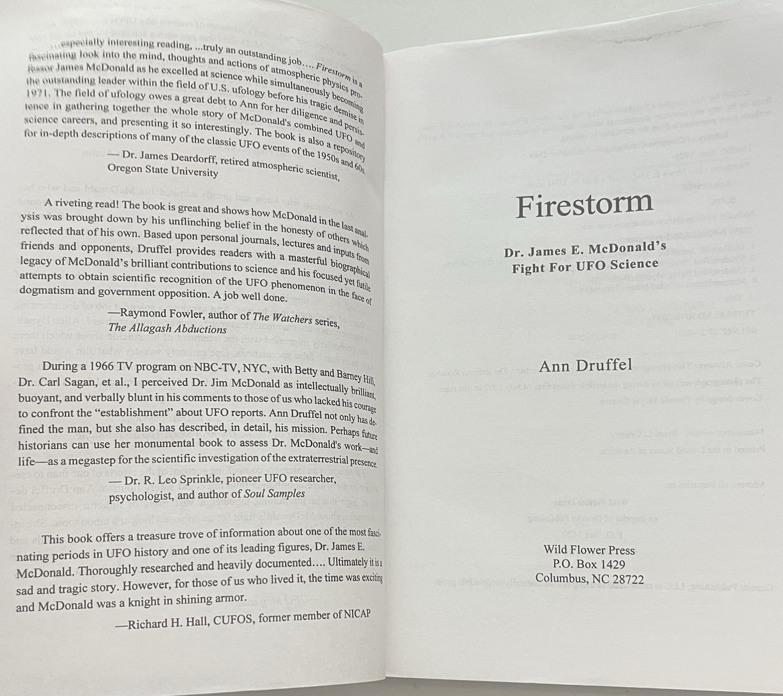 Firestorm : Dr. James E. McDonald’s Fight for UFO Science by Ann Druffel (2003,