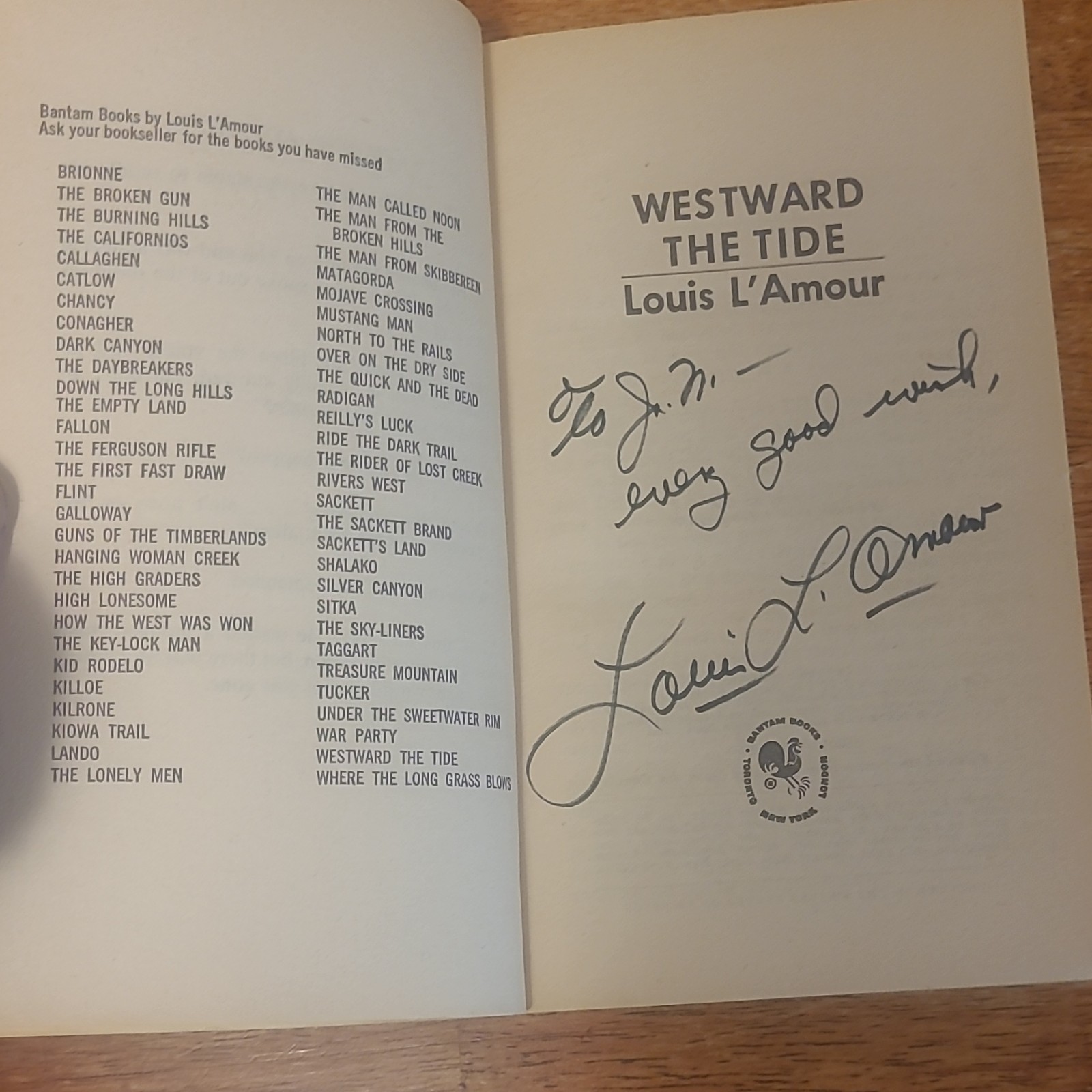 Autographed Louis L’Amour Westward the Tide PB Novel Signed & Inscribed