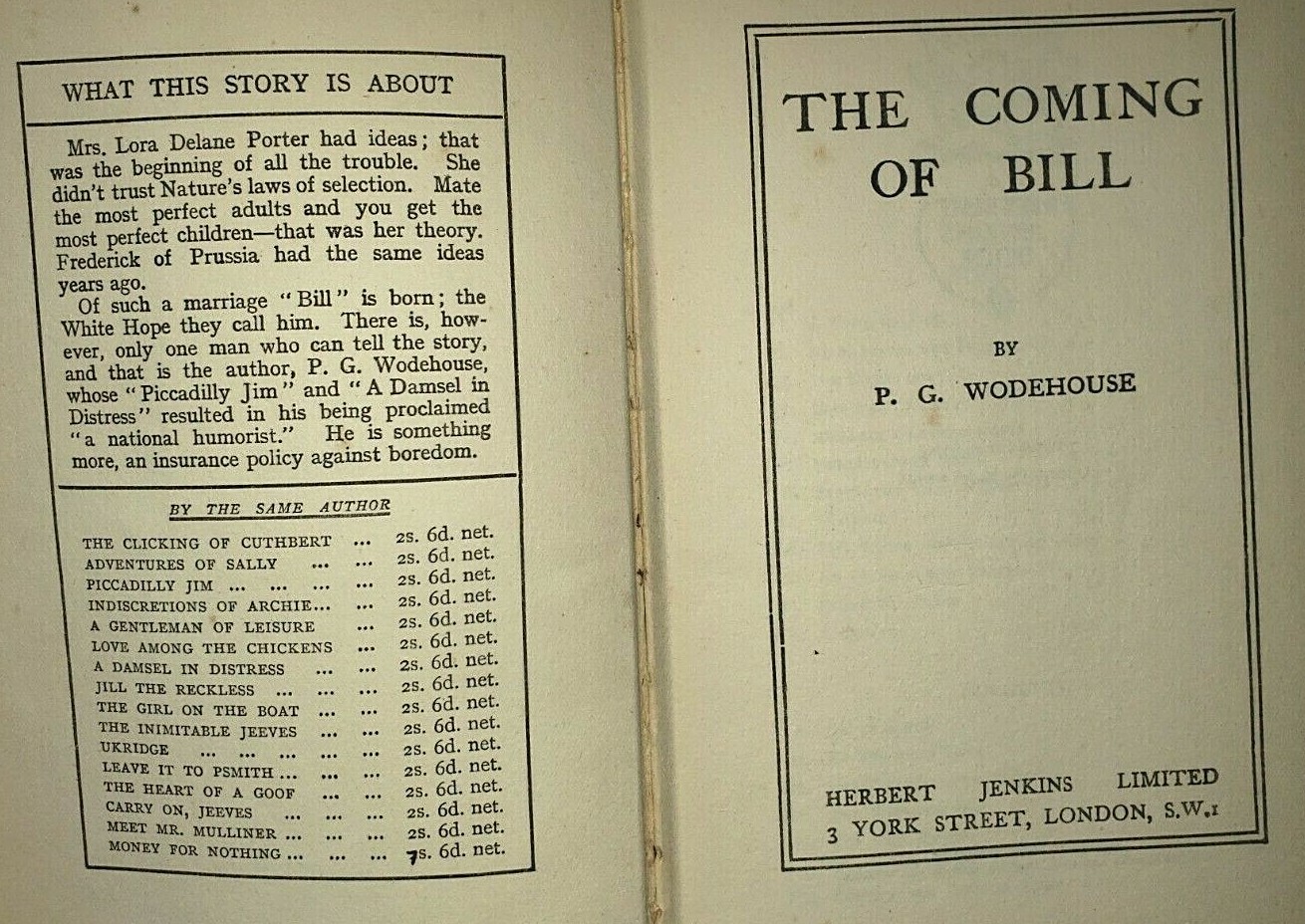 The Coming of Bill by P. G. Wodehouse Hardback HB Vintage 13th Printing
