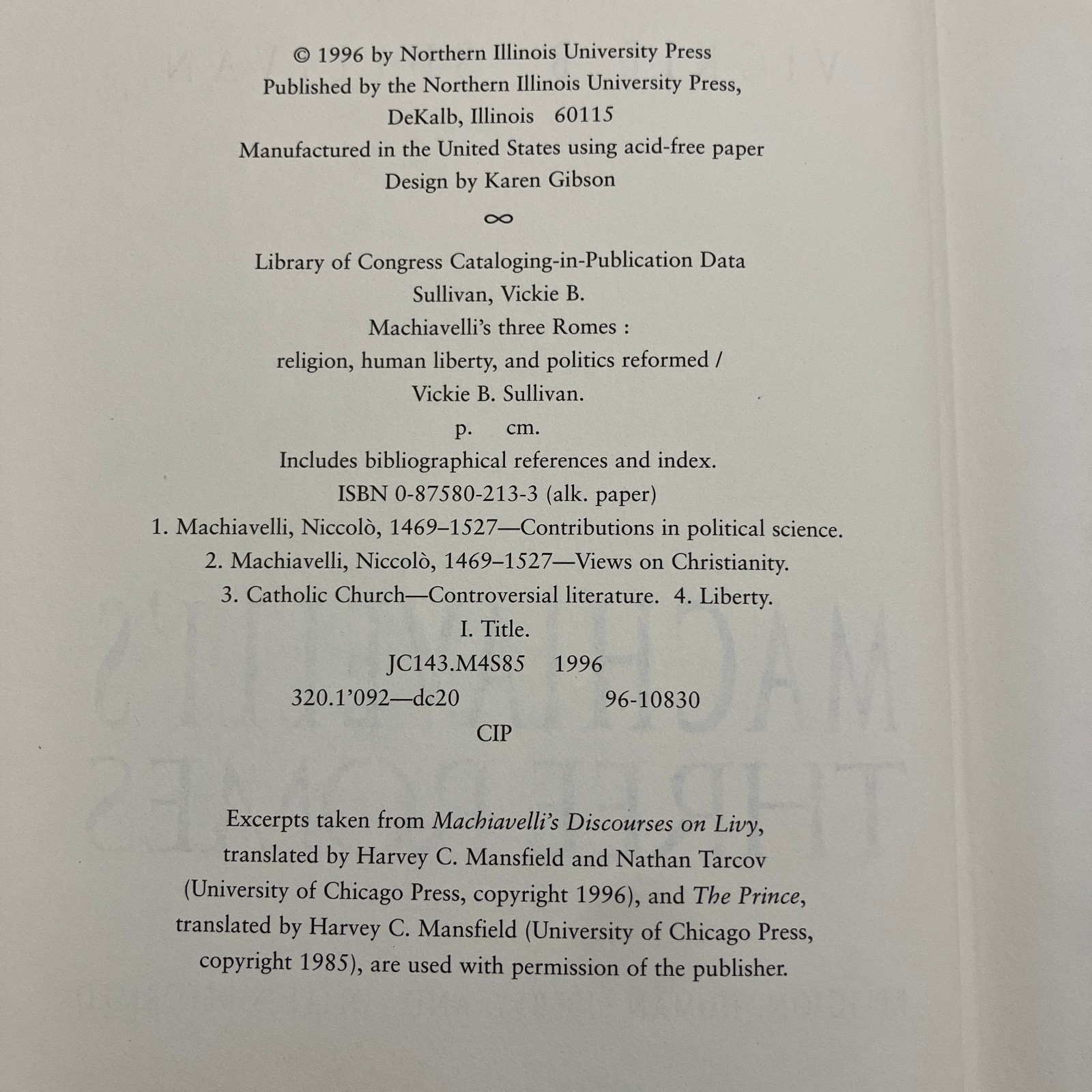 Machiavelli’s Three Romes HCDJ 1996 Ex-Library Vickie Sullivan Religion Liberty