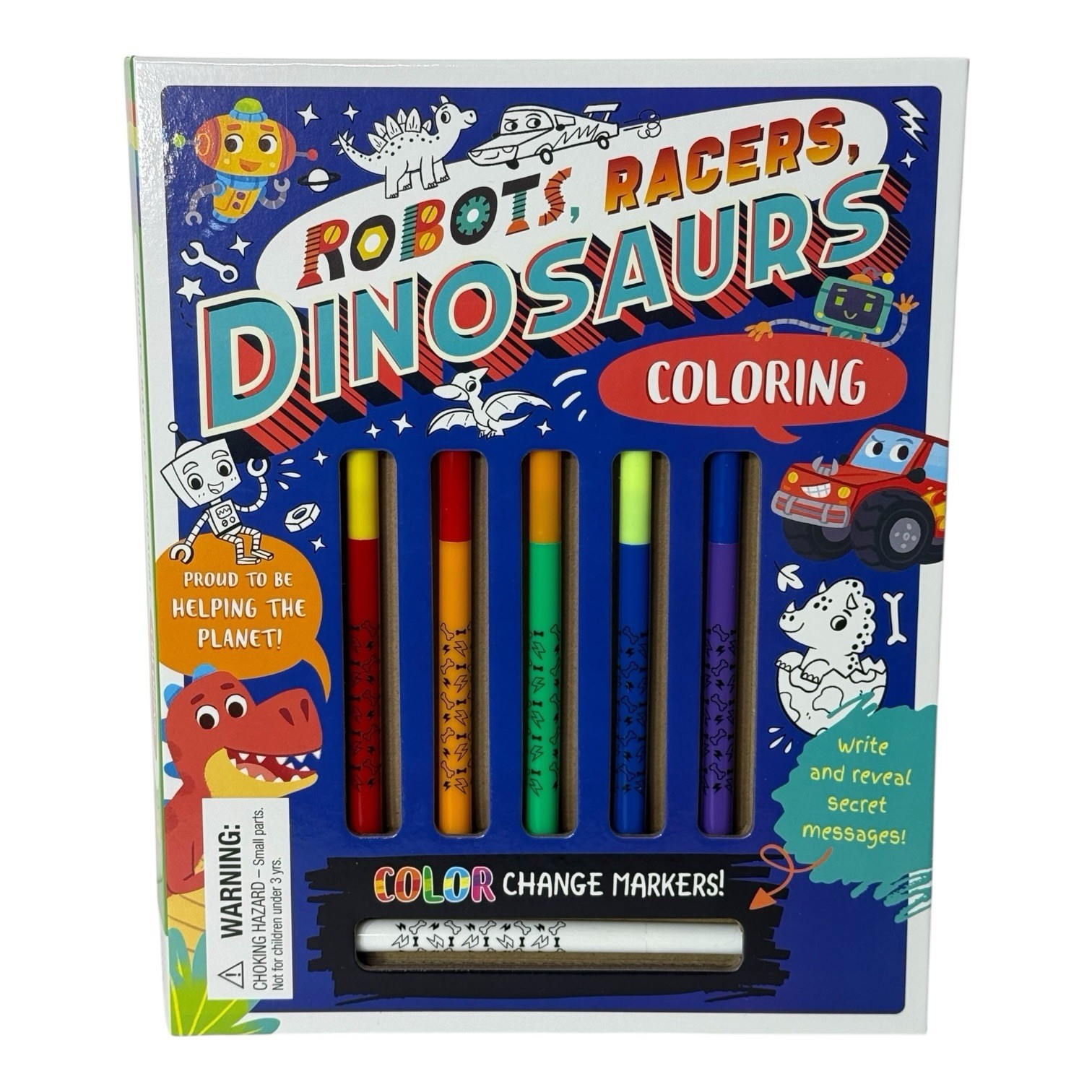 Robots, Racers, Dinosaurs Coloring Secret Messages Book & Pen Over 30 Pages
