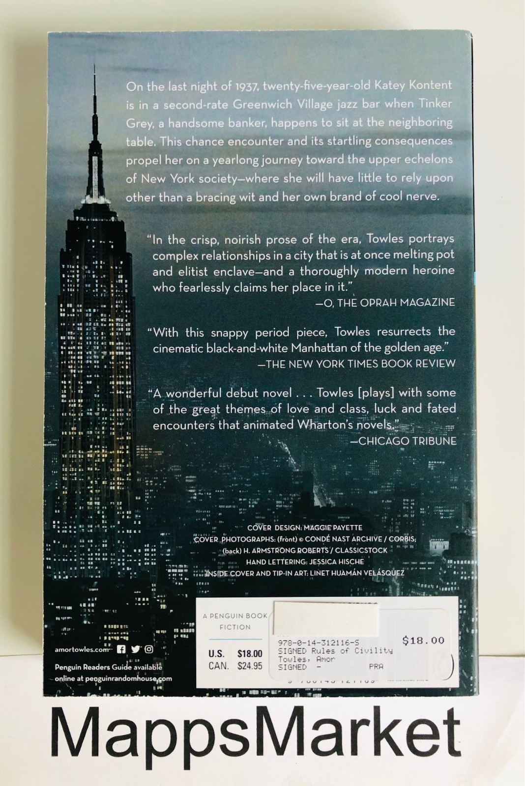 SIGNED Rules of Civility by Amor Towles (2012, Trade Paperback)