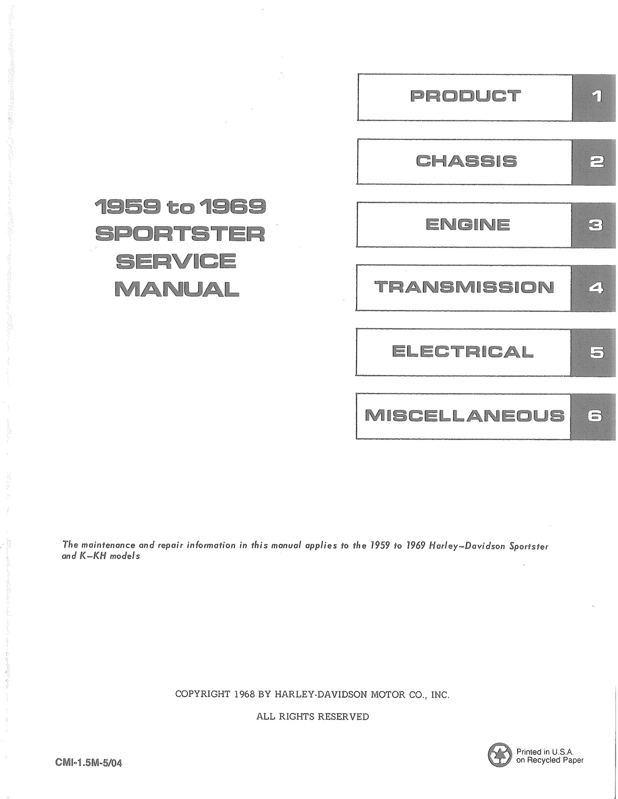 HARLEY-DAVIDSON Sportster K KH Service Manual 1959 To 1969 – WIRE BOUND – COVERS