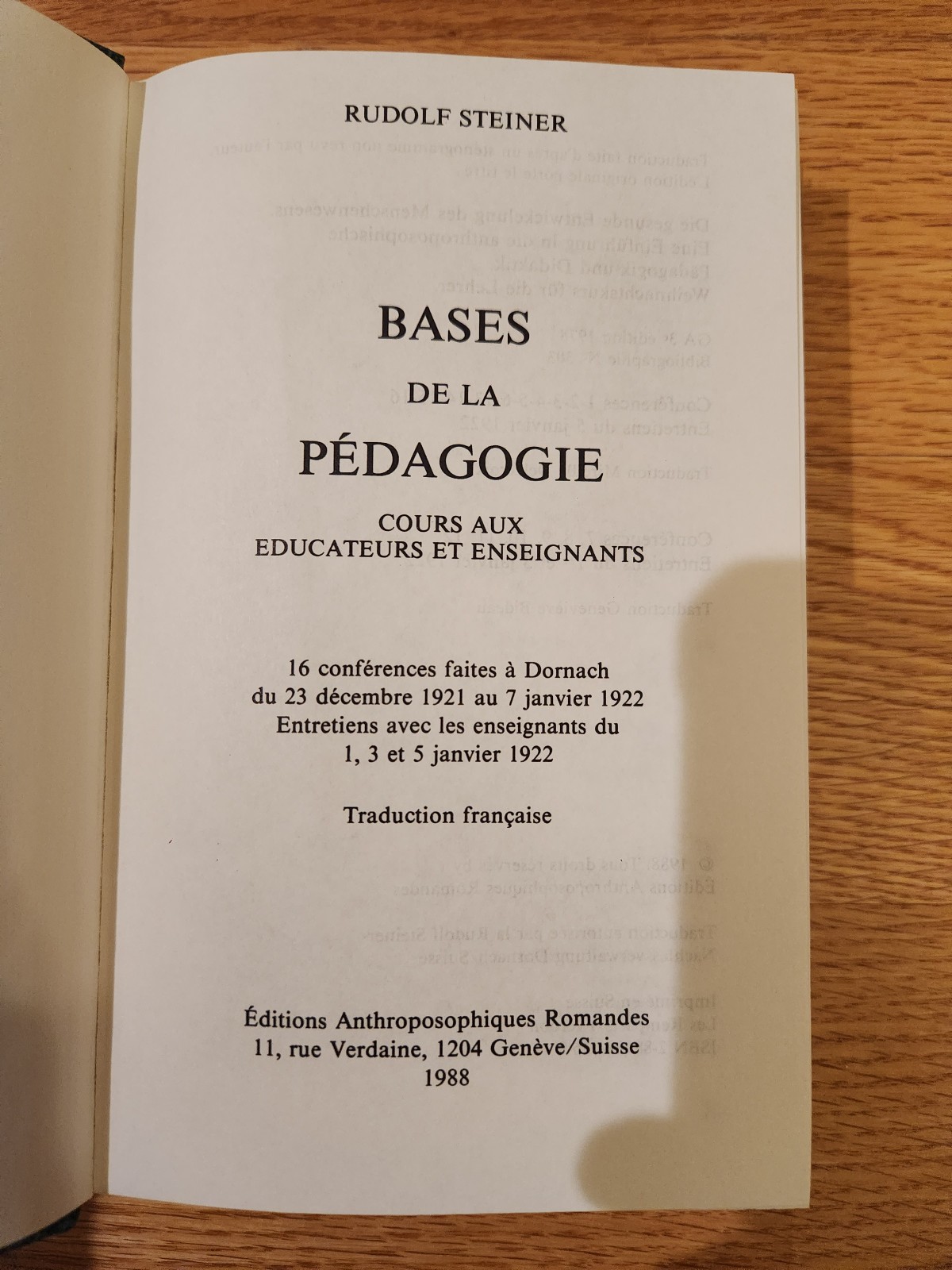 Bases de la Pédagogie (The Foundations of Pedagogy) Steiner 1988 Hardcover Rare