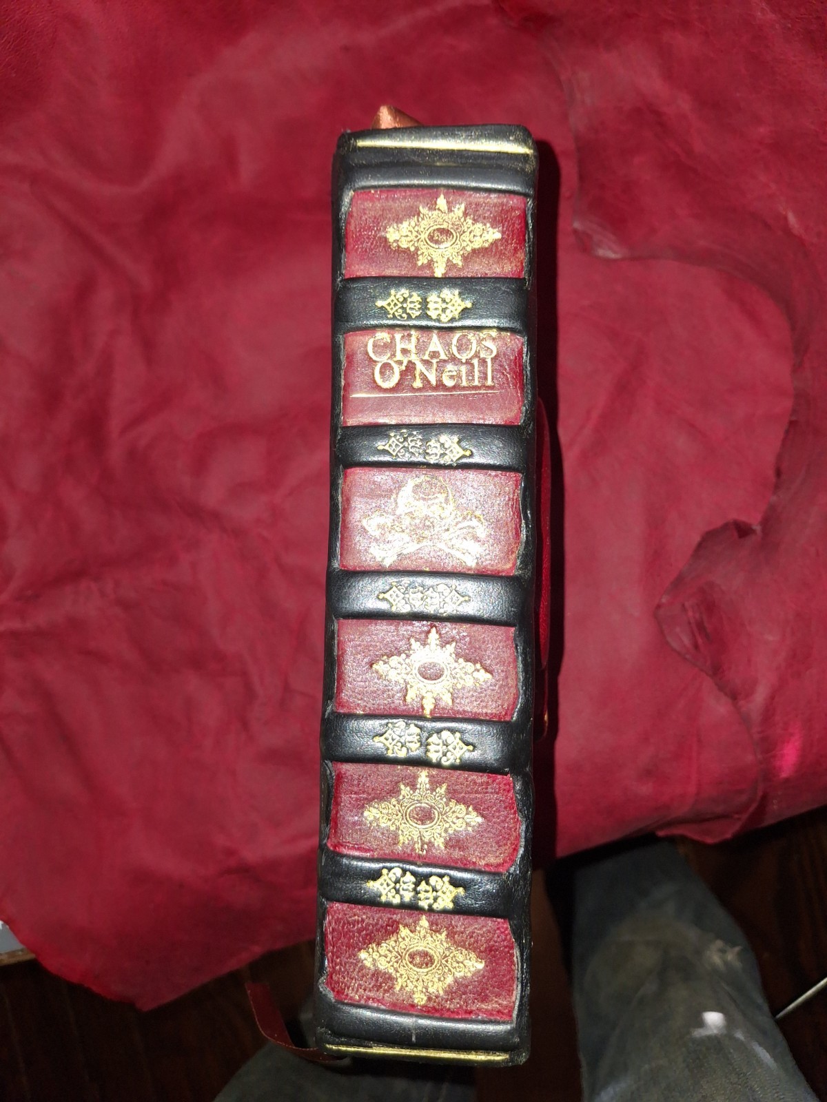 Chaos-Tom O’Neill-FORE EDGE PAINTING Leather Red Gold Skull One-of-a-Kind Manson