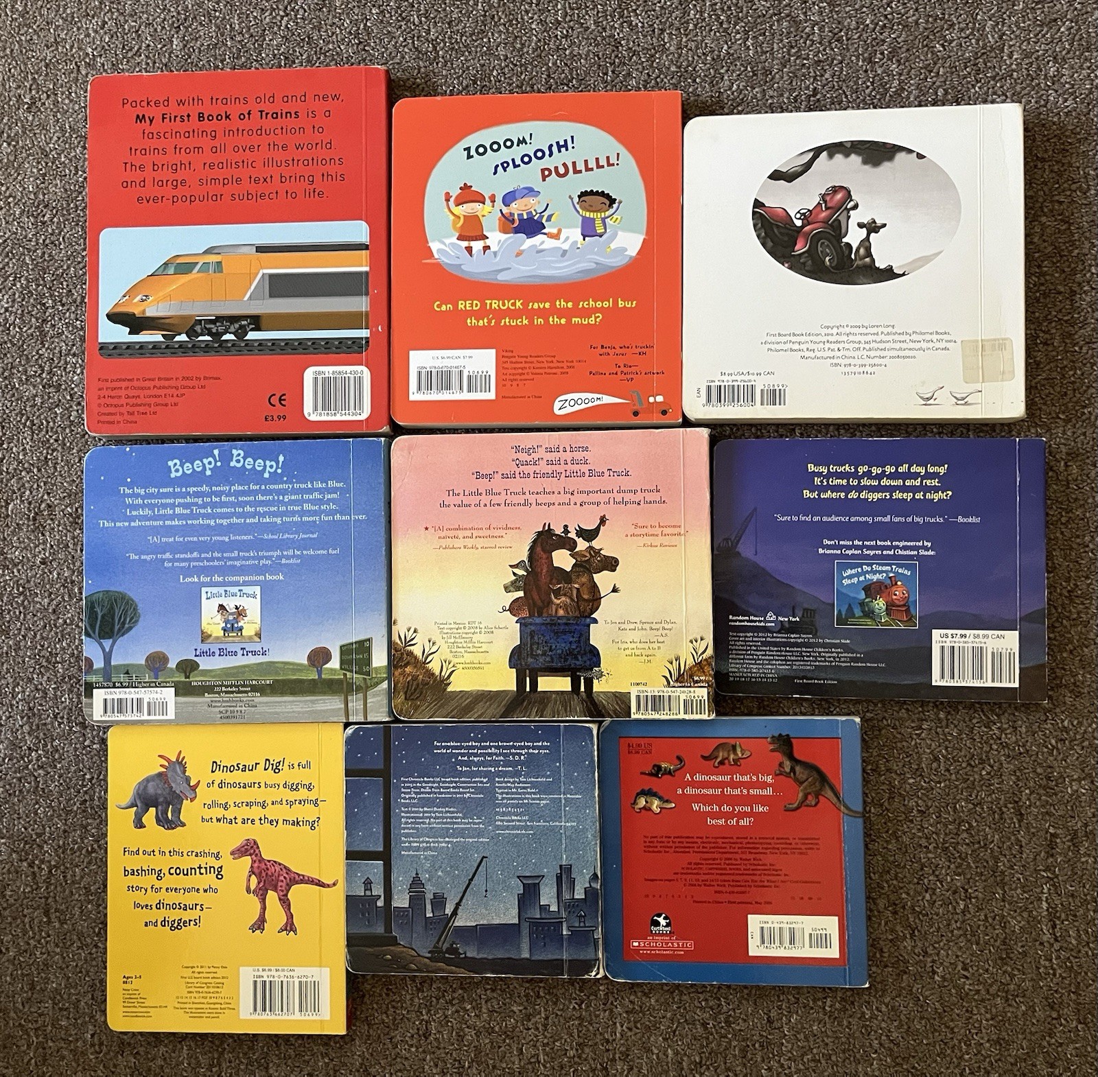 BOARD BOOK LOT LITTLE BLUE TRUCK,OTIS TRACTORS,DINO DIGGERS, FIRST TRAINS E