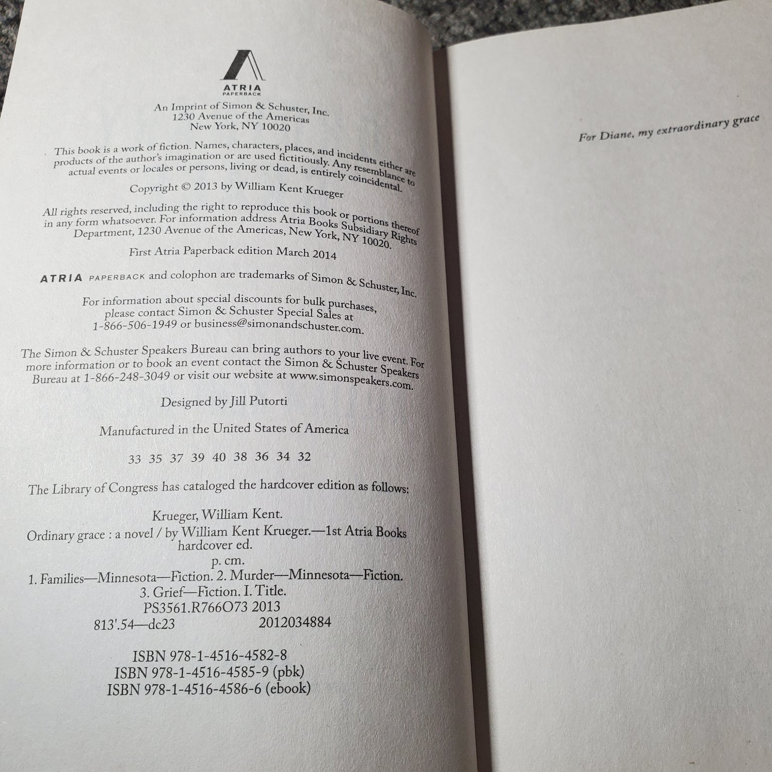 Ordinary Grace William Kent Krueger 2014 First Atria Paperback Edgar Award