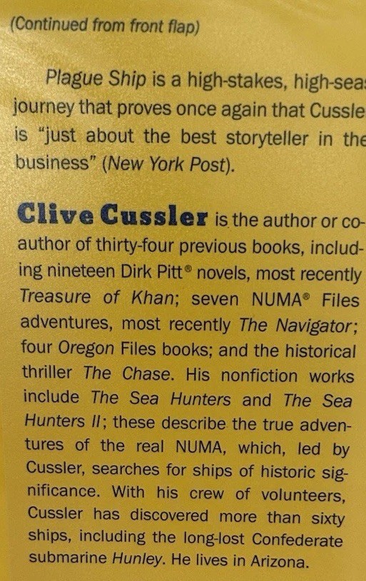 Signed x2 Plague Ship Clive Cussler Jack DuBrul 2008 HCDJ Putnam Books Very Good