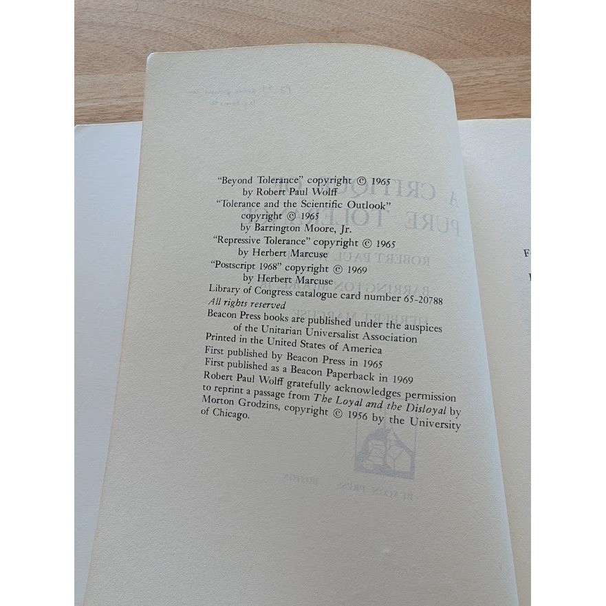 A Critique of Pure Tolerance Wolff Moore Marcuse 1968 Beacon Press Paperback