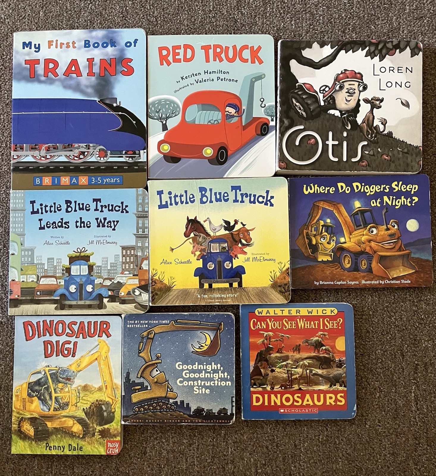 BOARD BOOK LOT LITTLE BLUE TRUCK,OTIS TRACTORS,DINO DIGGERS, FIRST TRAINS E