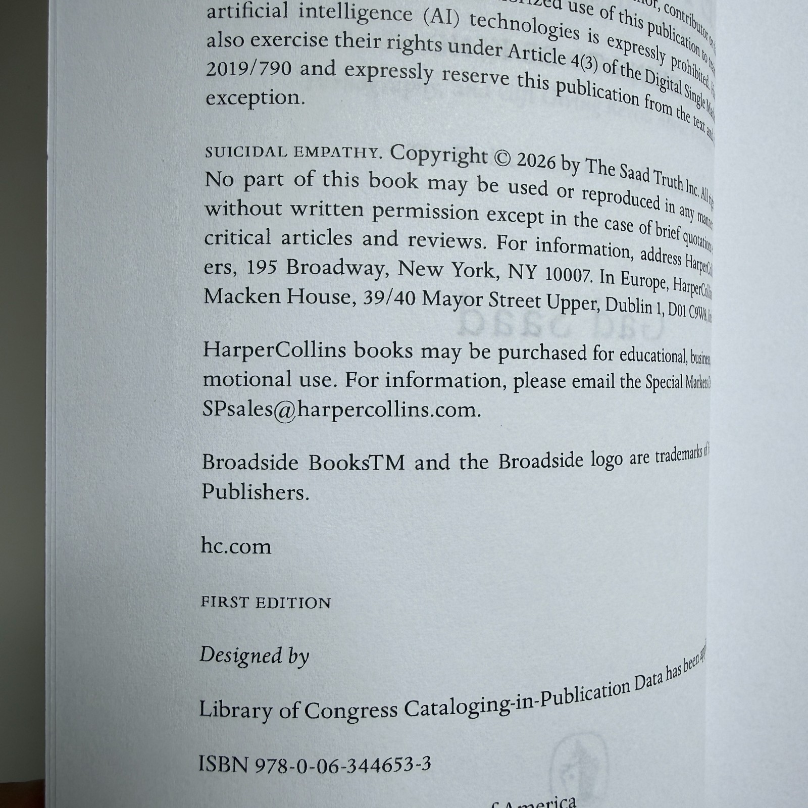 Suicidal Empathy Gad Saad Bound Manuscript Publisher Mock-Up Broadside 2026