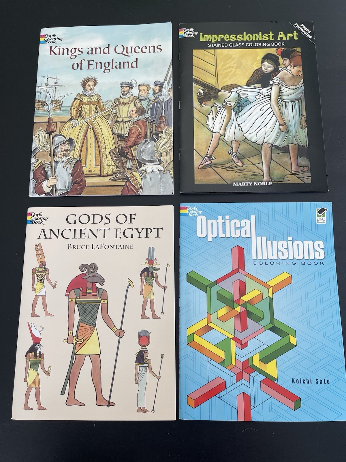 Lot of 4 Dover Coloring Books Stained Glass,Egypt, England, Optical Illusion,Art