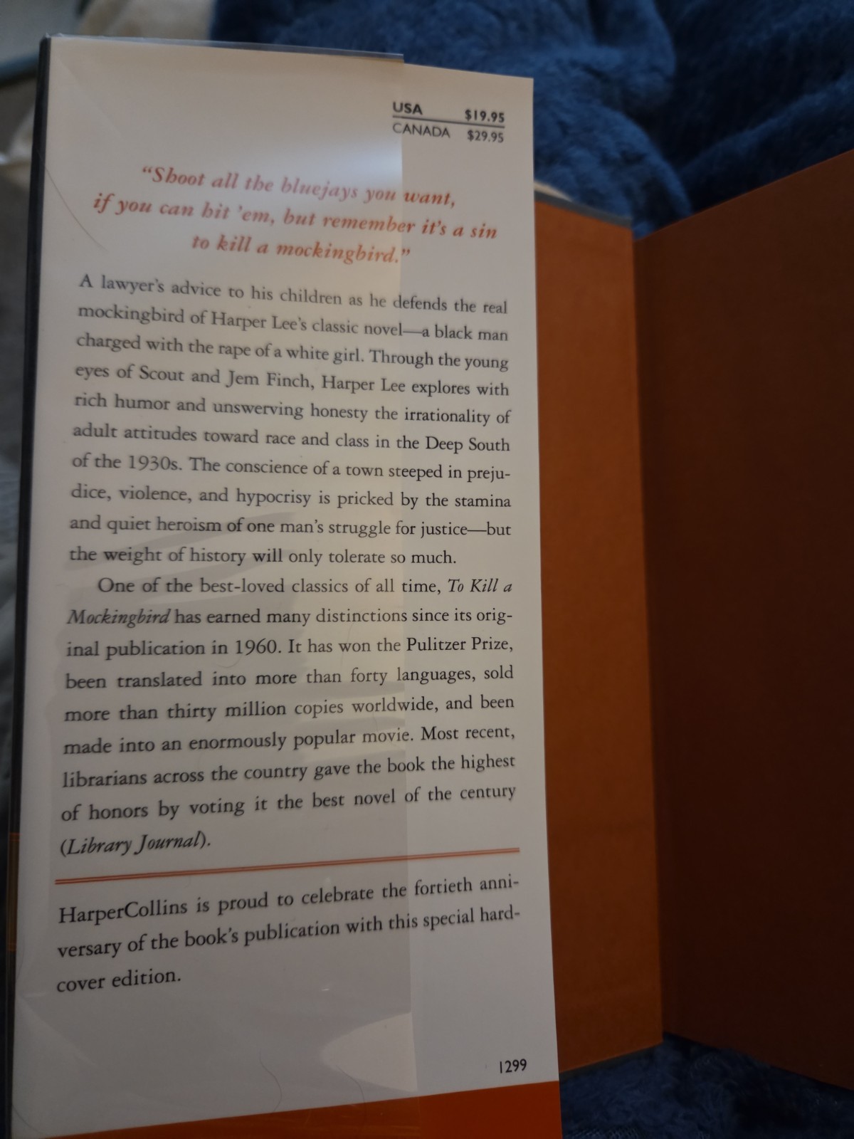 TO KILL A MOCKINGBIRD~HARDCOVER~40TH ANNIVERSARY EDITION~HARPER LEE