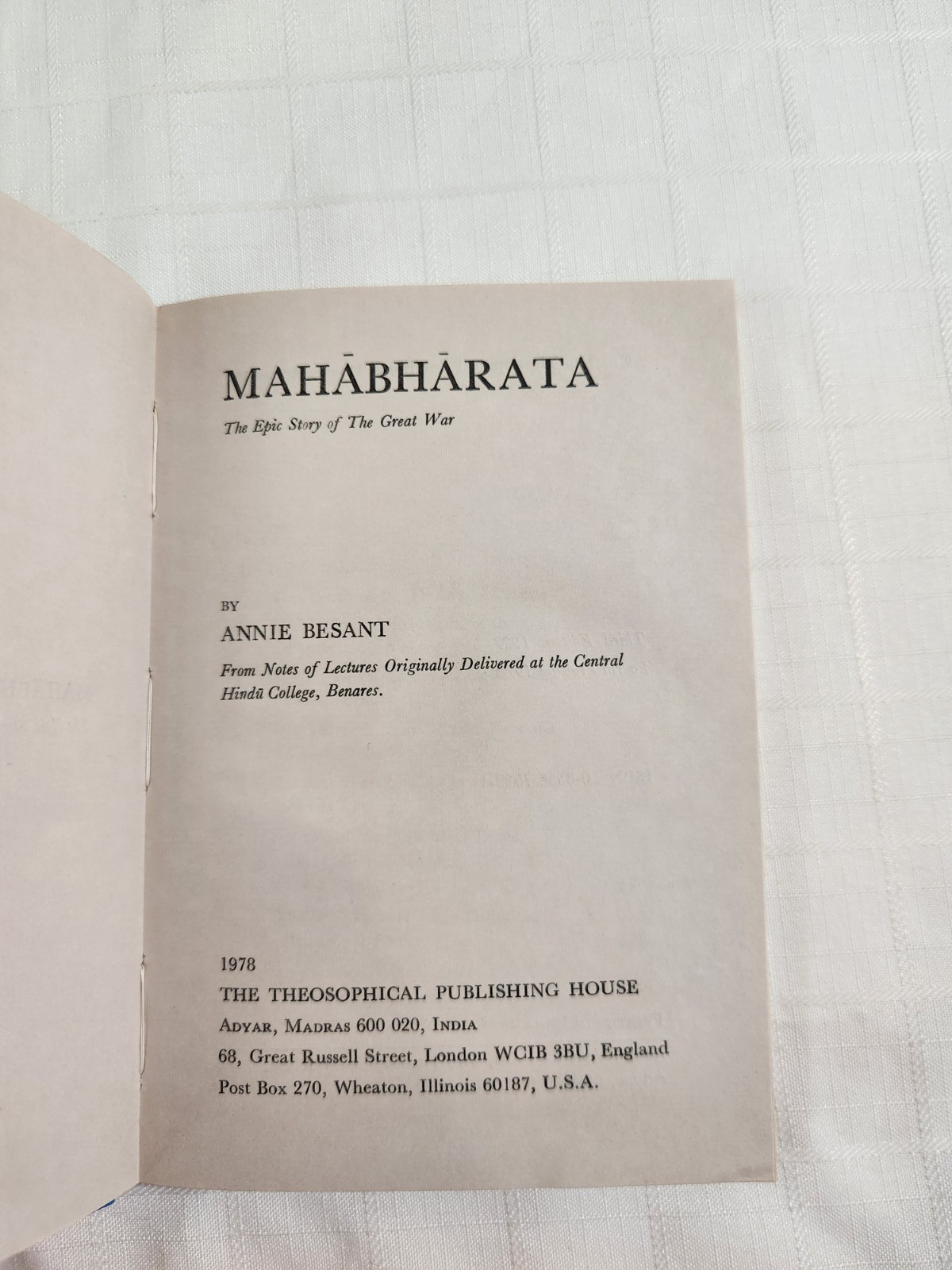 MAHABHARATA THE EPIC STORY OF THE GREAT WAR ANNIE BESANT HC/DJ 1978 rare