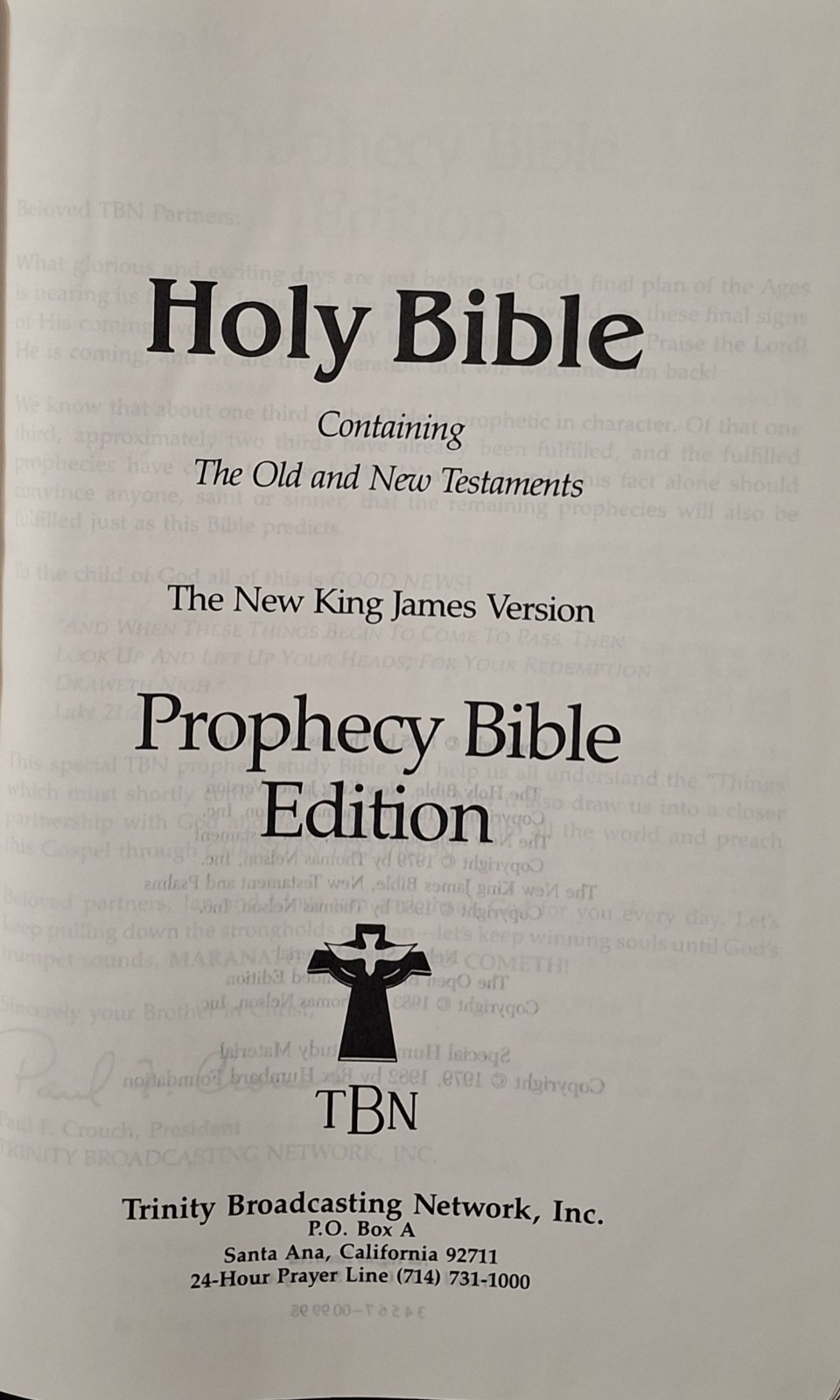 NKJV Holy Bible TBN Special Prophecy Edition 1985 Burgundy Bonded Leather