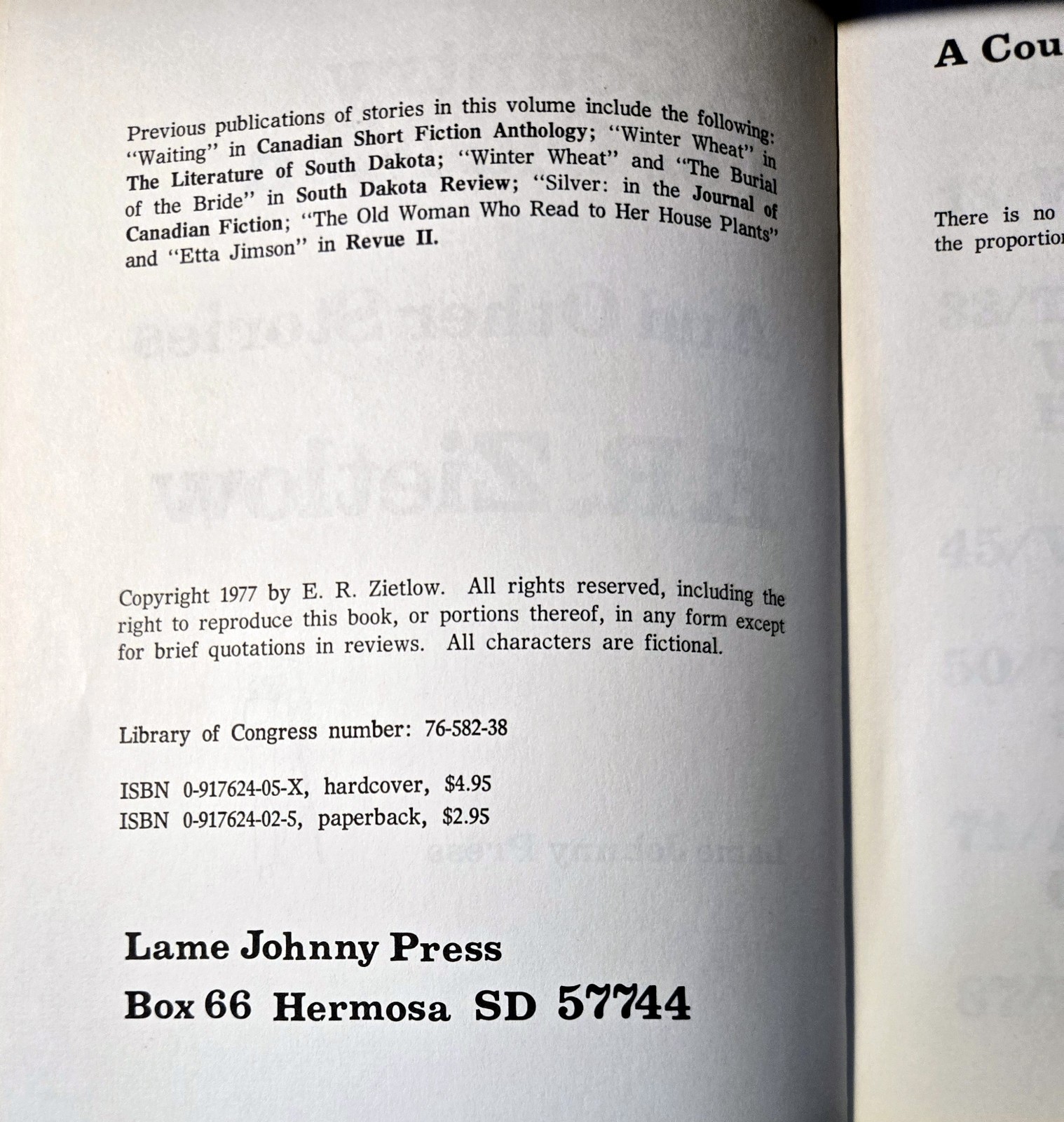 E. R. Zietlow’s „A COUNTRY FOR OLD MEN AND OTHER STORIES,“ *RARE* 120-pages 1977