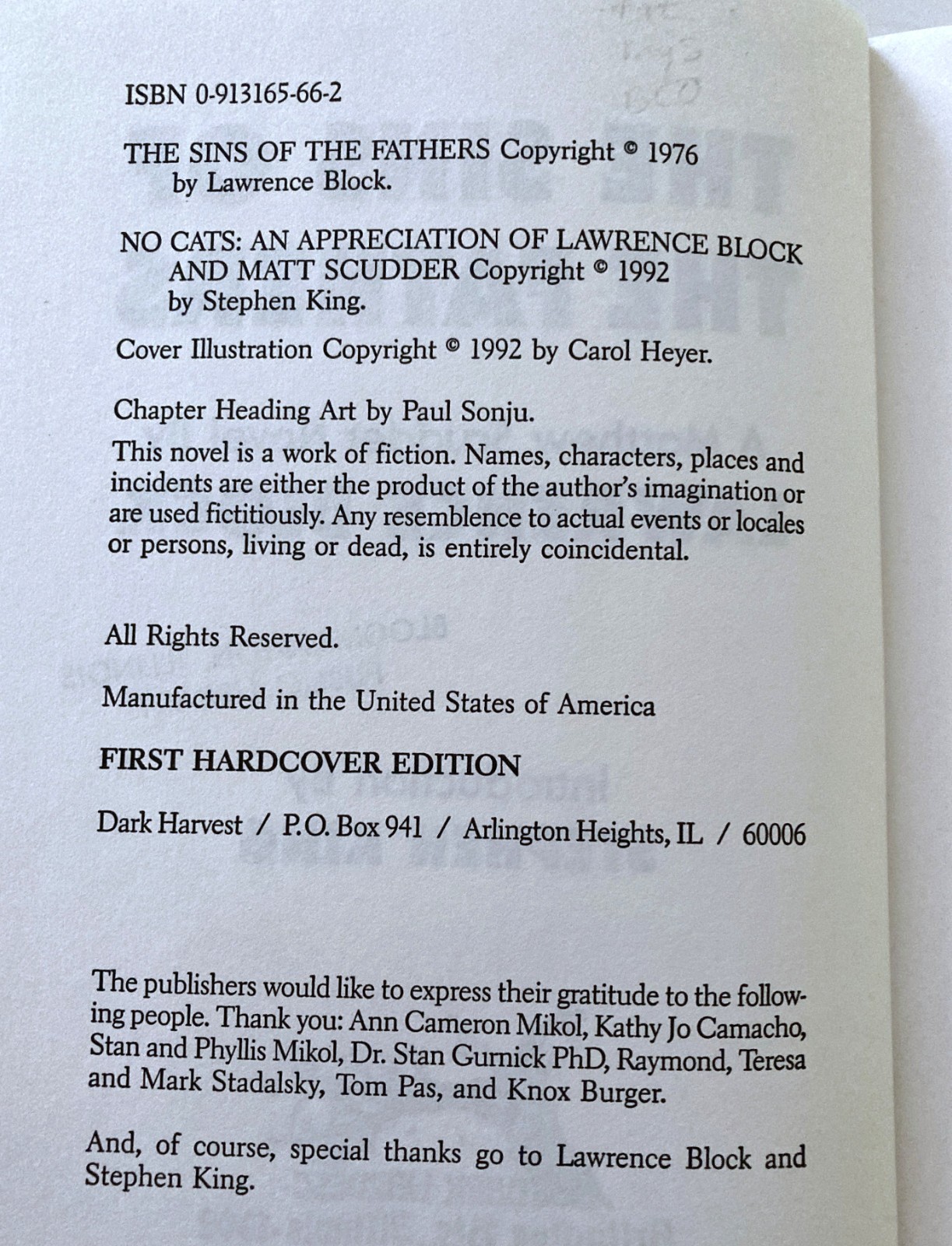 The Sins of the Fathers Lawrence Block Intro by Stephen King 1st HC Ed Ex Lib VG